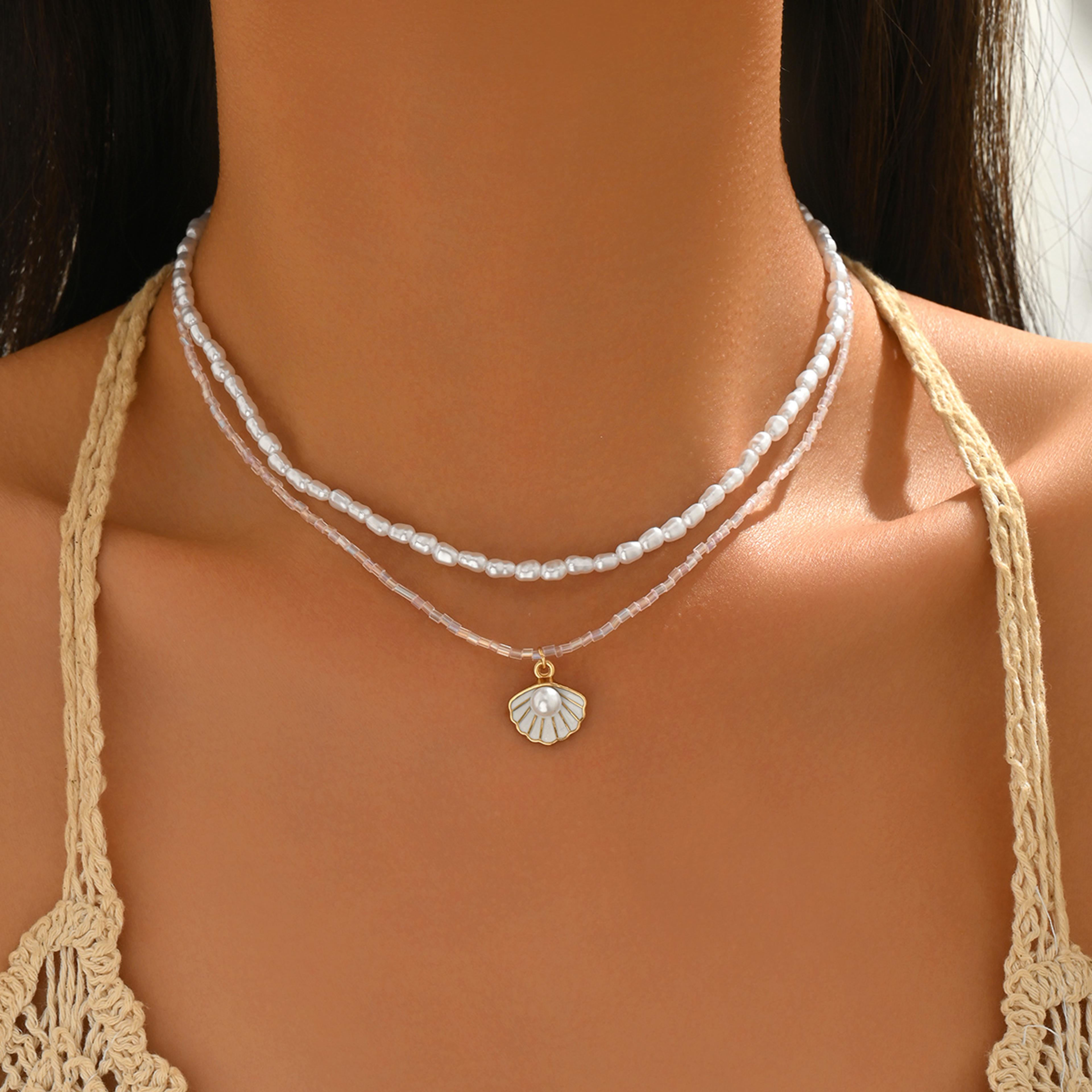 Boho Layered Pearl Shell Necklace Set Adjustable Glass Bead Beach Jewelry 1