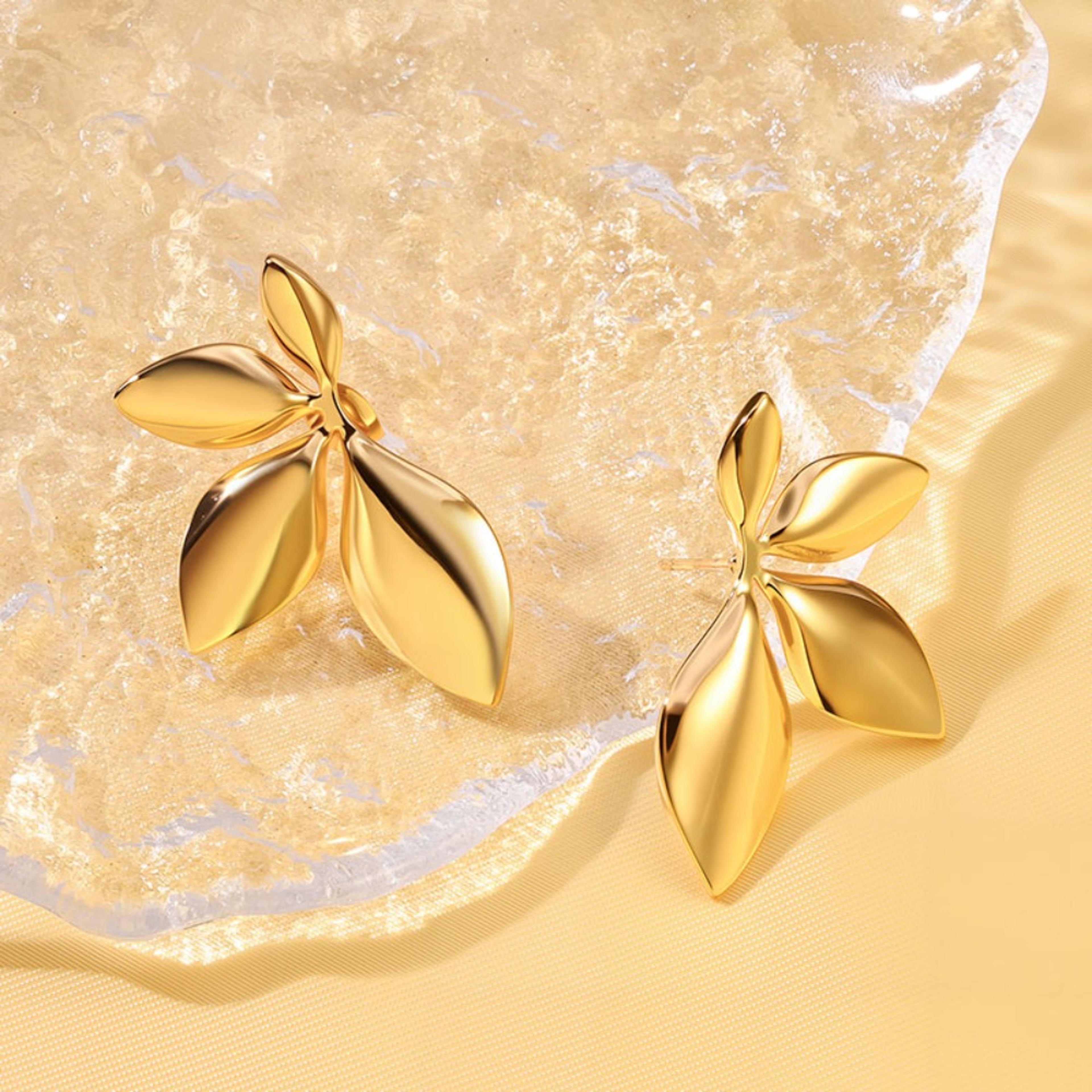 Elegant Gold Floral Stud Earrings For Women Flower Stud Earrings Gold Stainless Steel Earrings Leaf 2