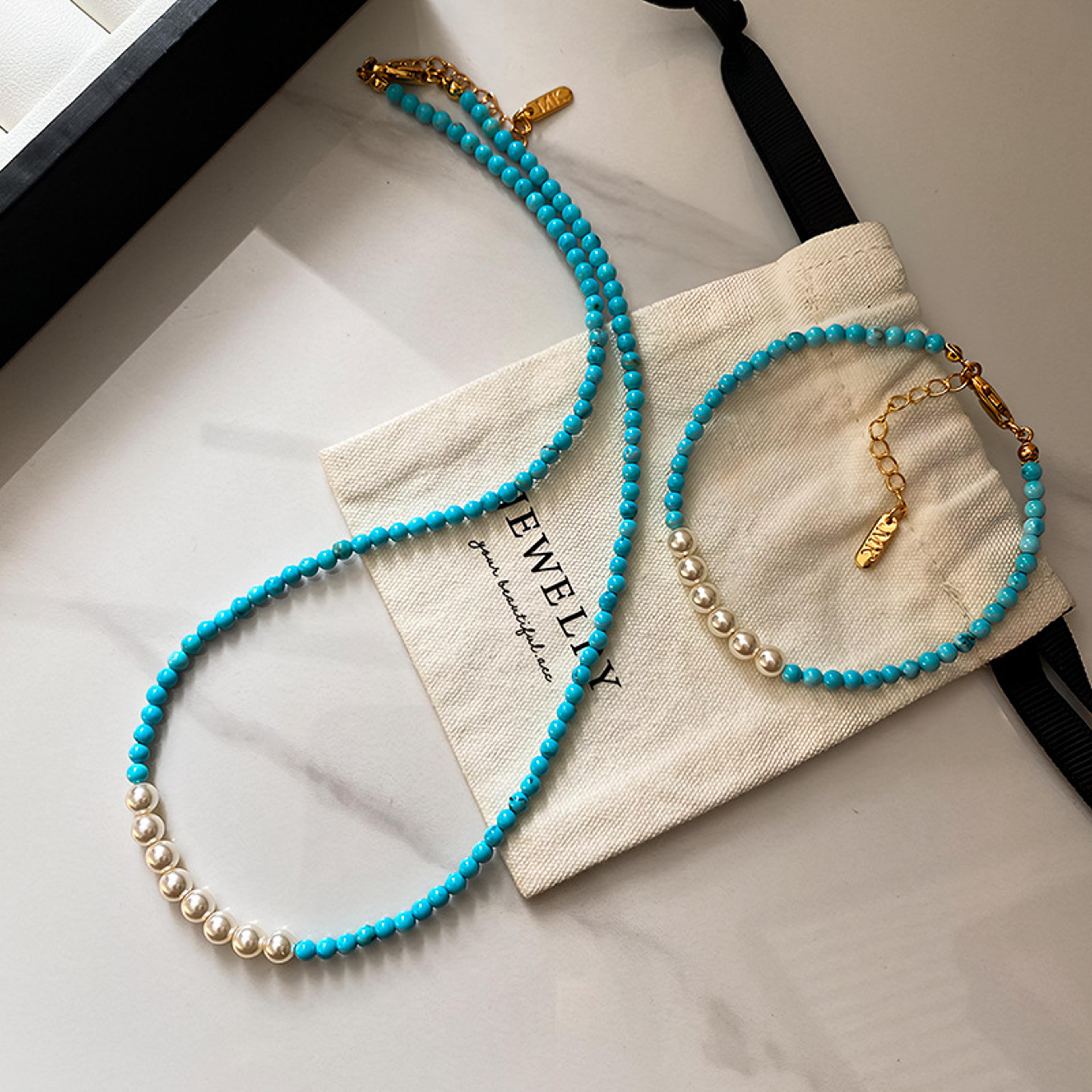 Turquoise Pearl Collarbone Pendant Necklace Elegant Blue Gemstone  Pearl Choker For Women 1