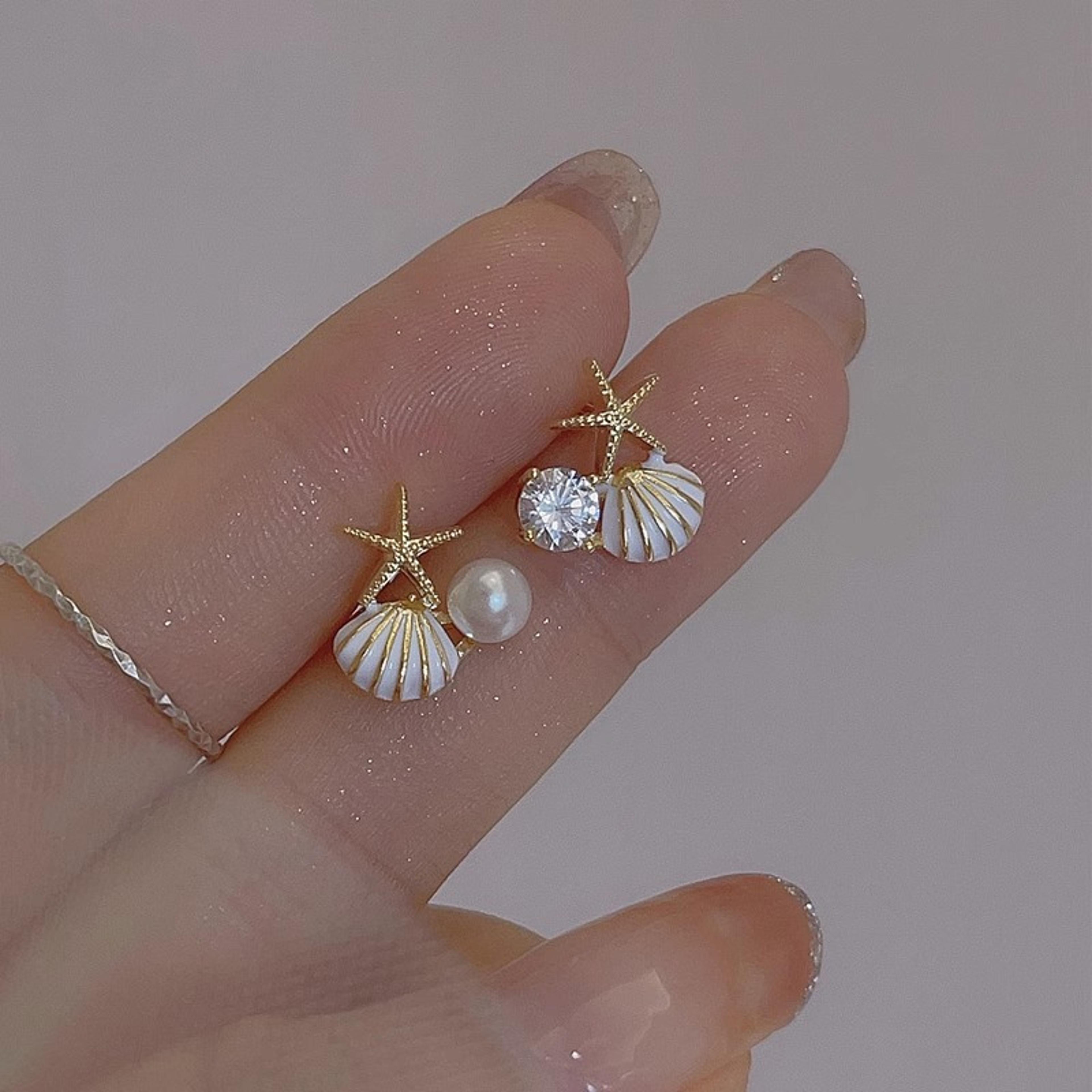 ocean pearl starfish stud earrings asymmetric starfish earrings with shell & rhinestone accents