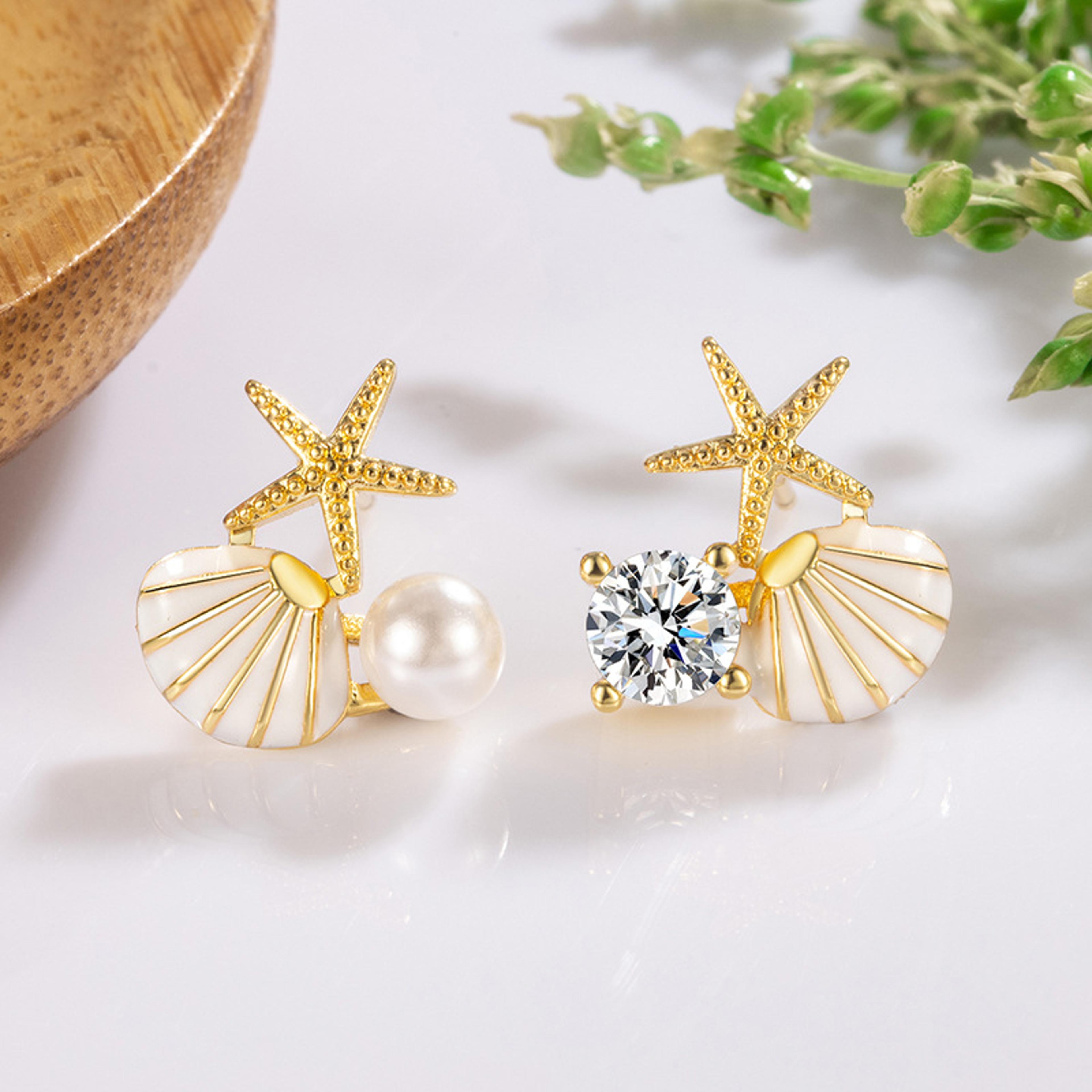 Ocean Pearl Starfish Stud Earrings Asymmetric Starfish Earrings With Shell  Rhinestone Accents 1