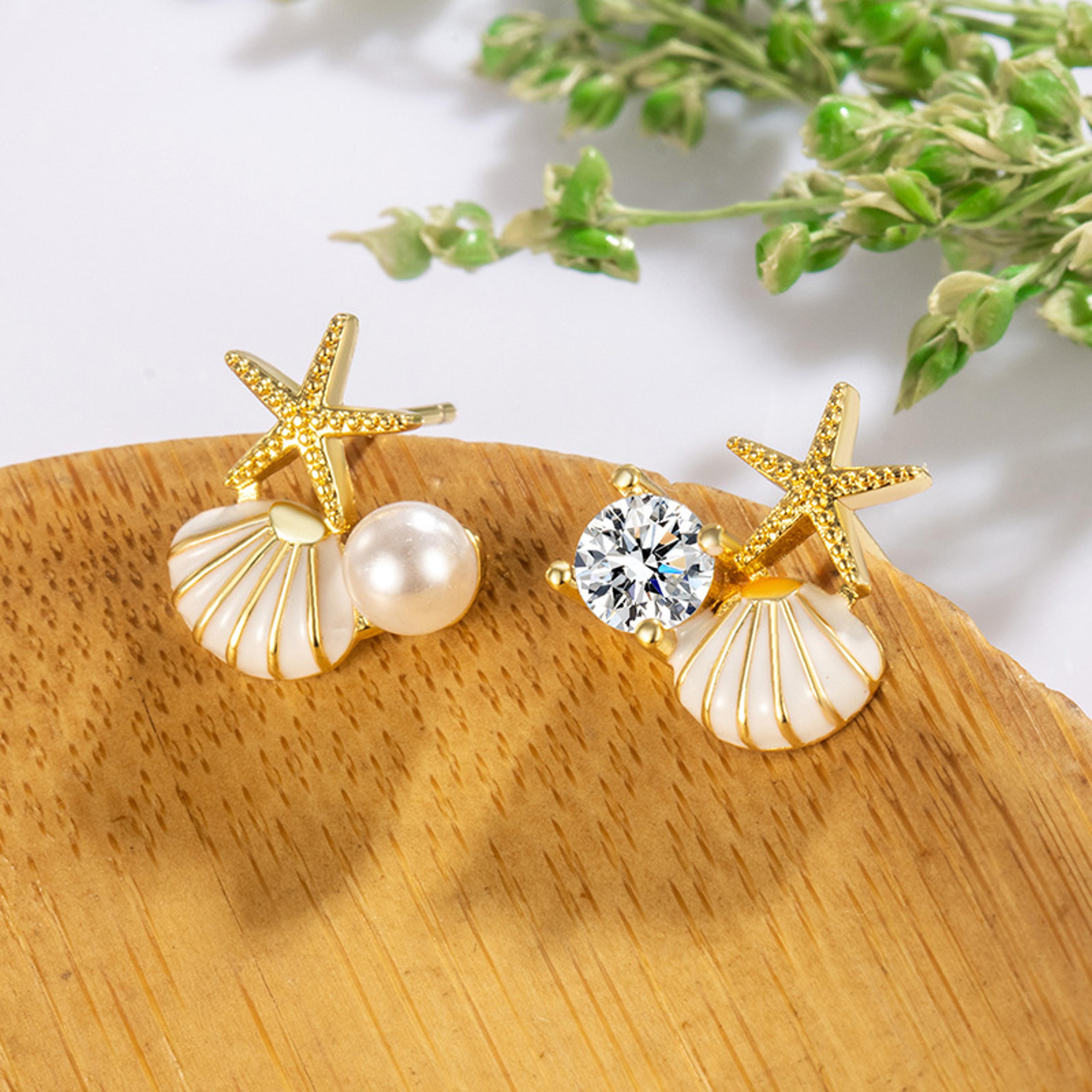 Ocean Pearl Starfish Stud Earrings Asymmetric Starfish Earrings With Shell  Rhinestone Accents 2
