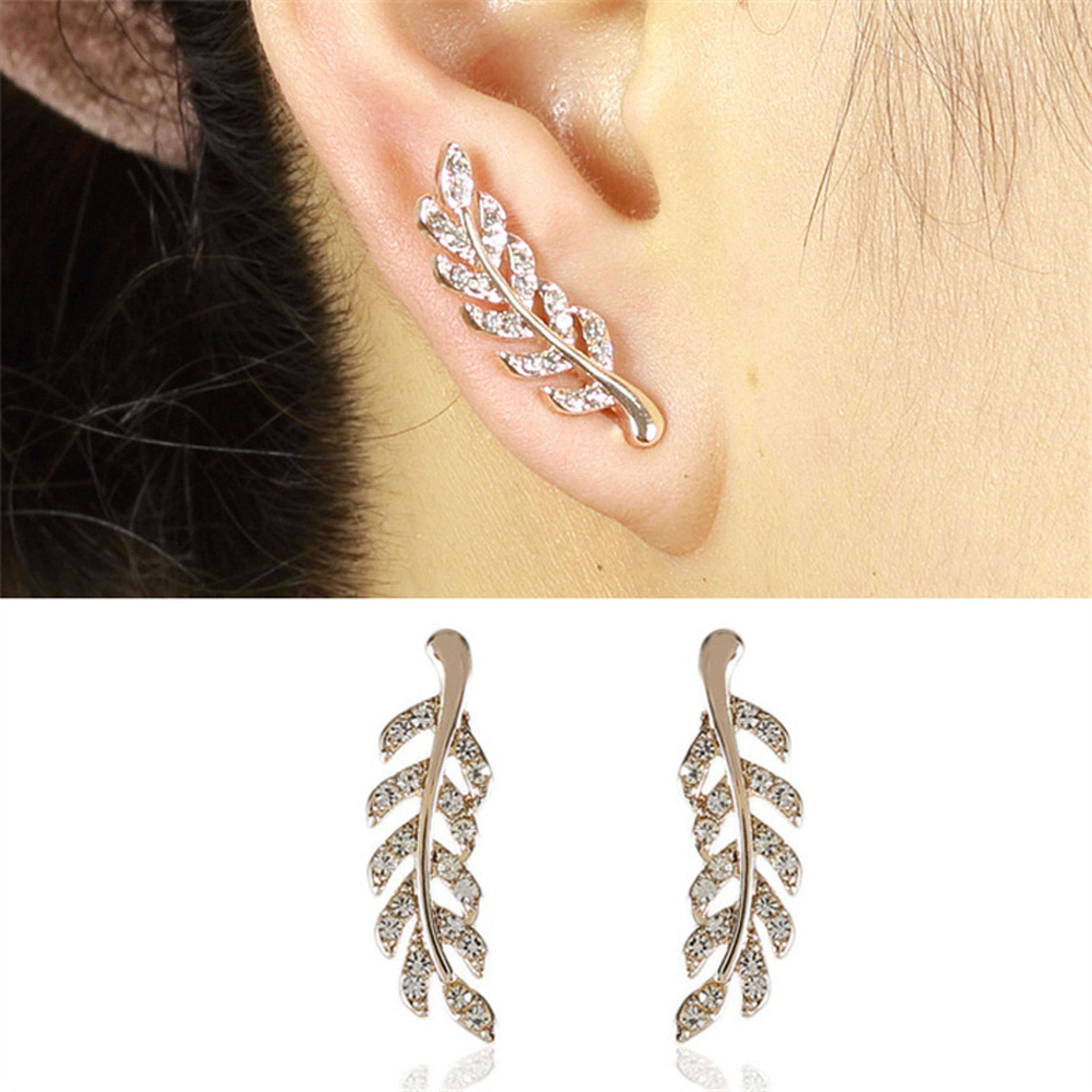 Crystal Feather Leaf Stud Earrings For Women Elegant Gold  Silver Crystal Jewelry 4
