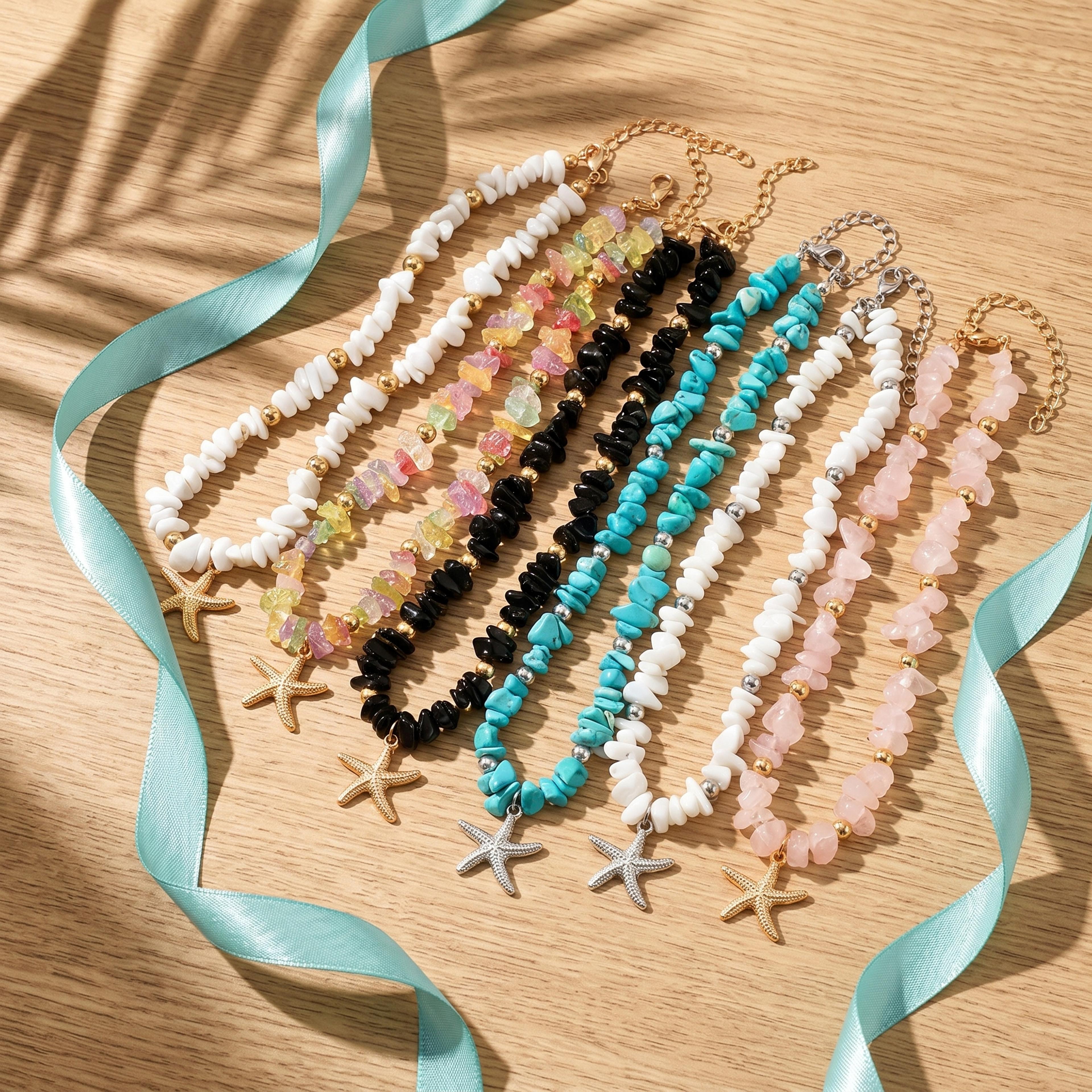Ocean Starfish Chip Stone Choker Necklace Adjustable Boho Beach Necklace For Summer Style 1