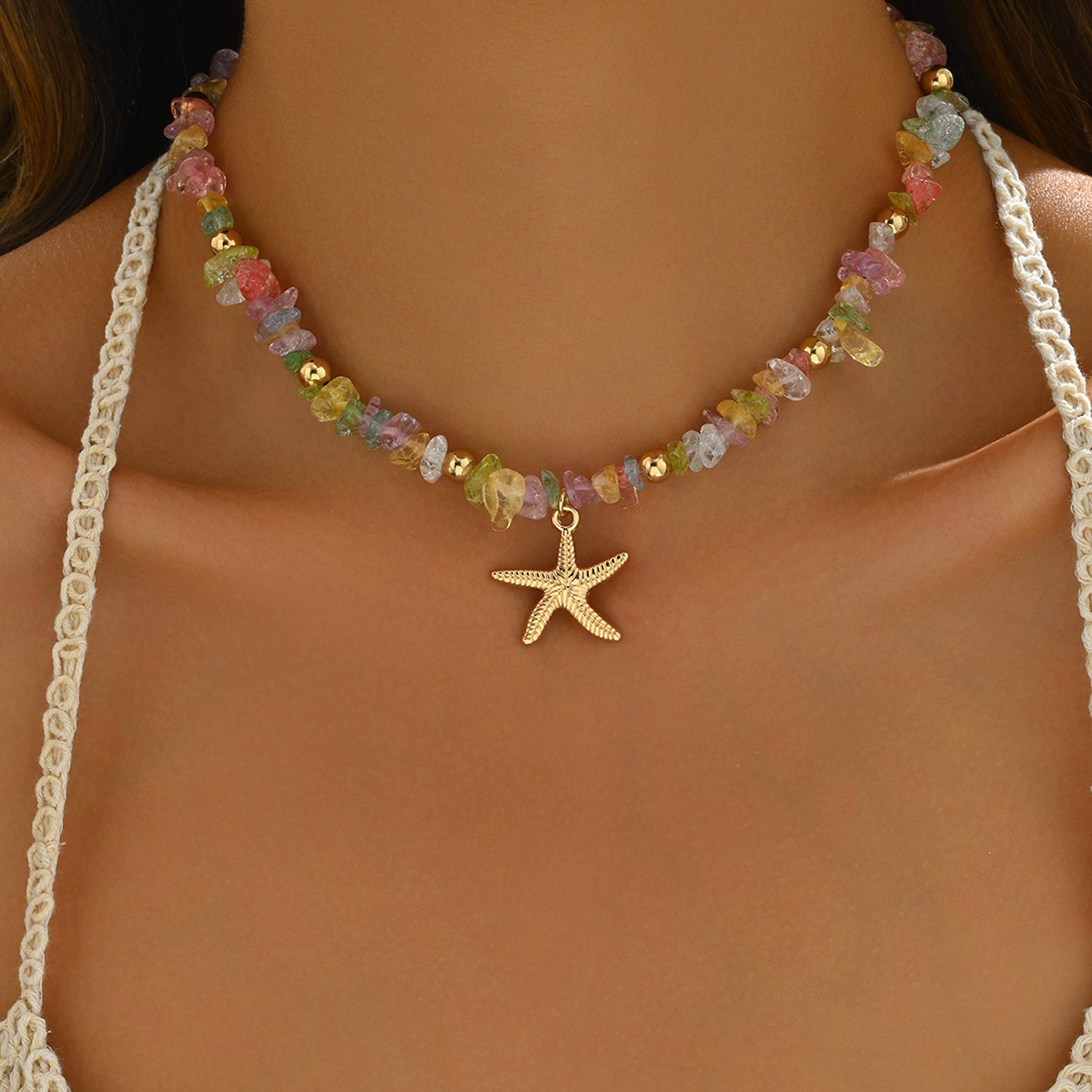 Ocean Starfish Chip Stone Choker Necklace Adjustable Boho Beach Necklace For Summer Style 7