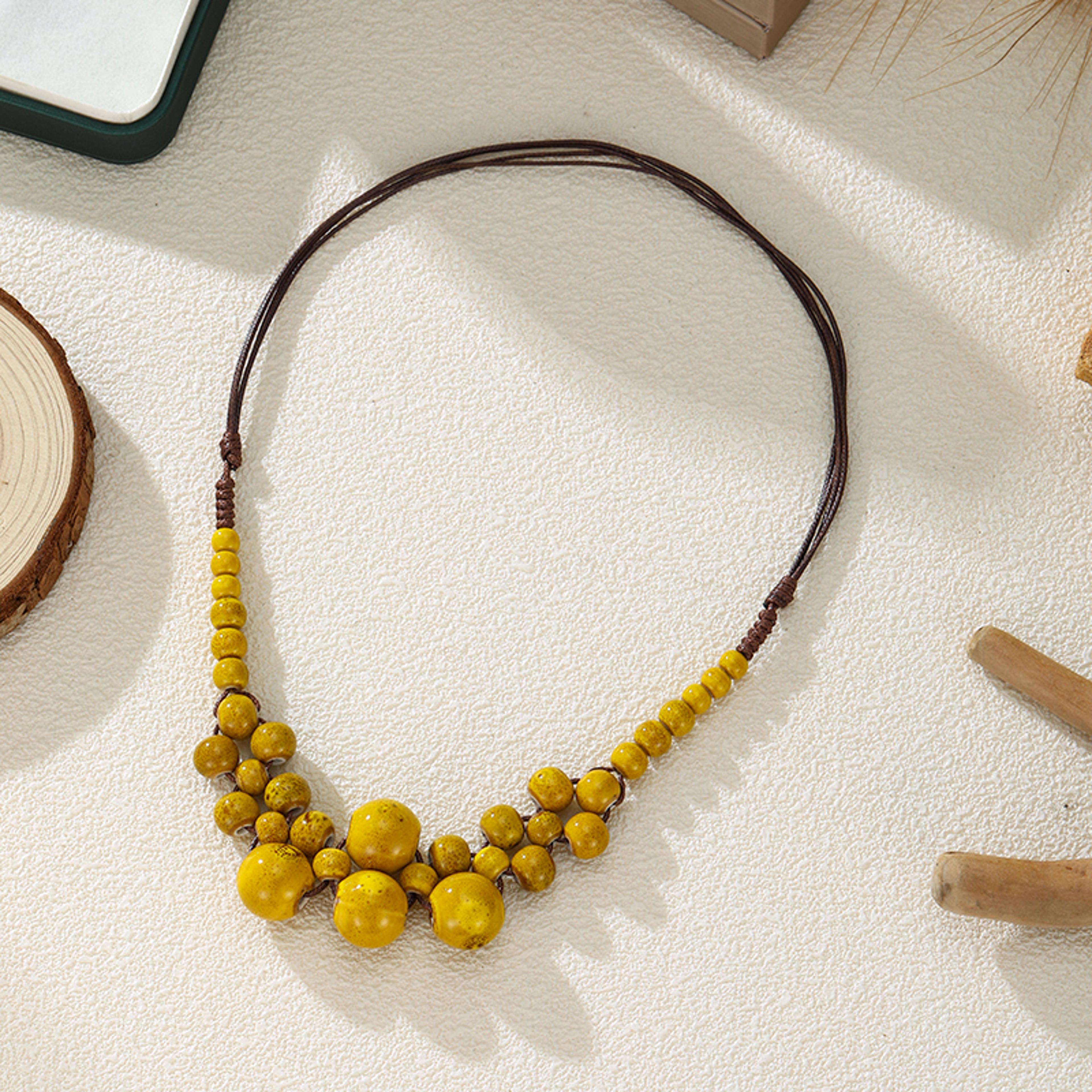 Vintage Boho Beaded Necklace With Handmade Ceramic Pendant For Women  Rope Chain Jewelry 3