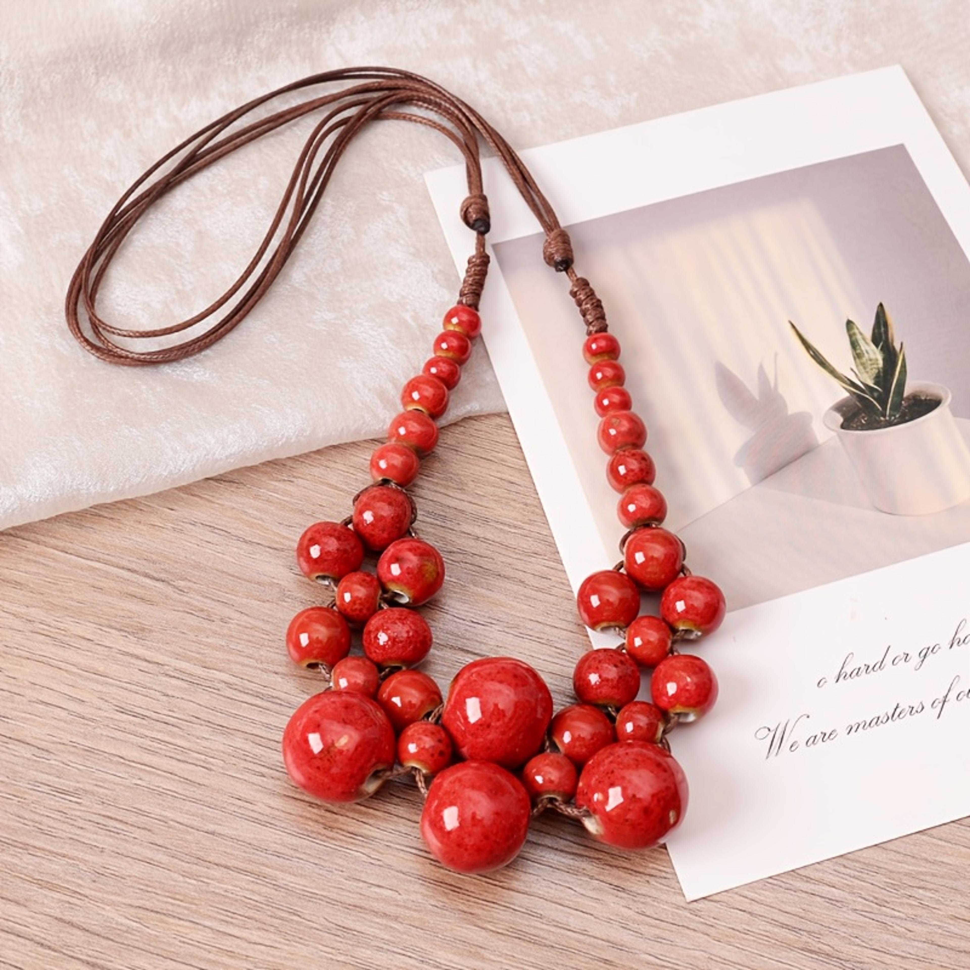 Vintage Boho Beaded Necklace With Handmade Ceramic Pendant For Women  Rope Chain Jewelry 4