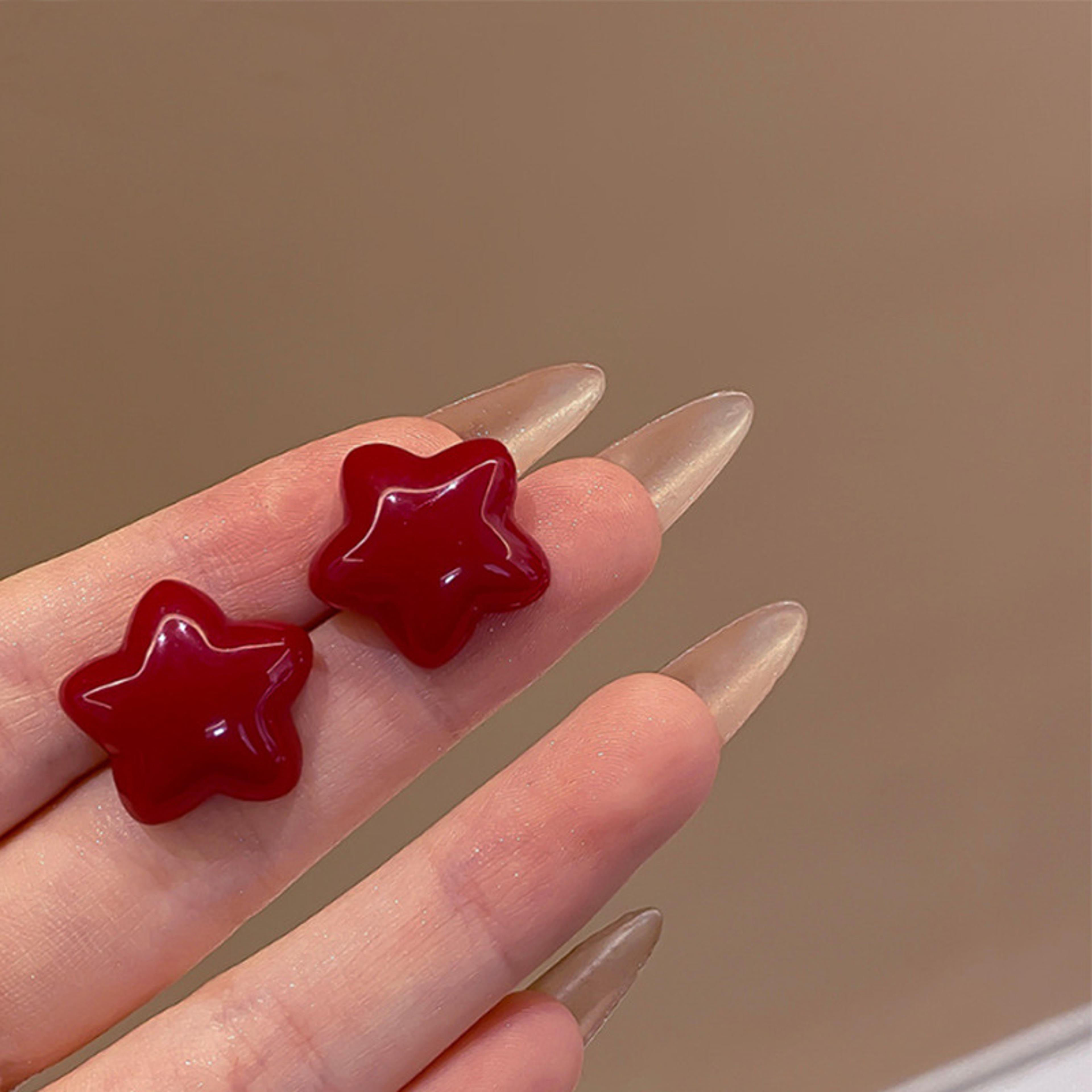 Vintage Heart Stud Earrings With Red Heart  Star Charm For Women 4