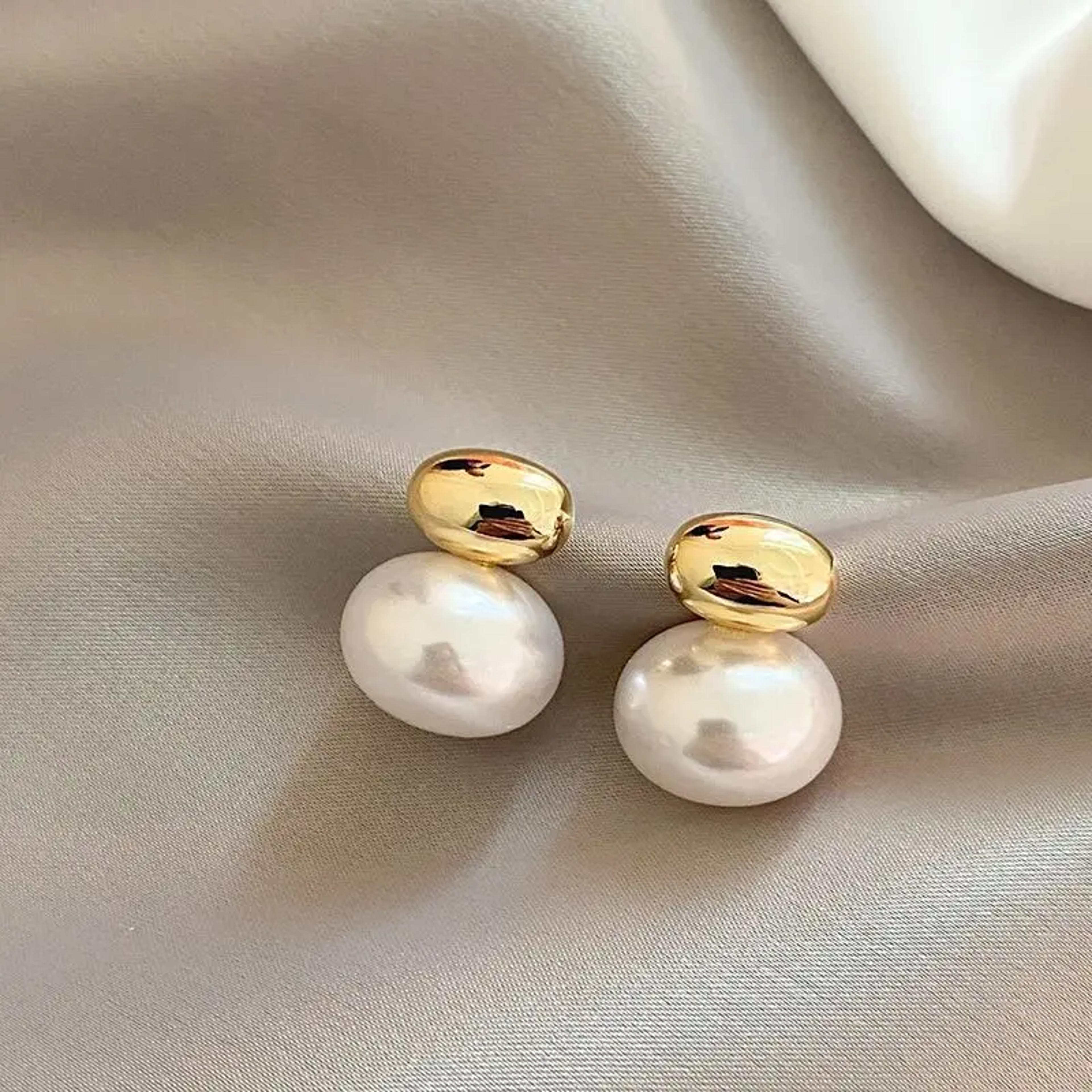 French Gold Pearl Earrings Elegant Flat Pearl Statement Earrings For Women 6