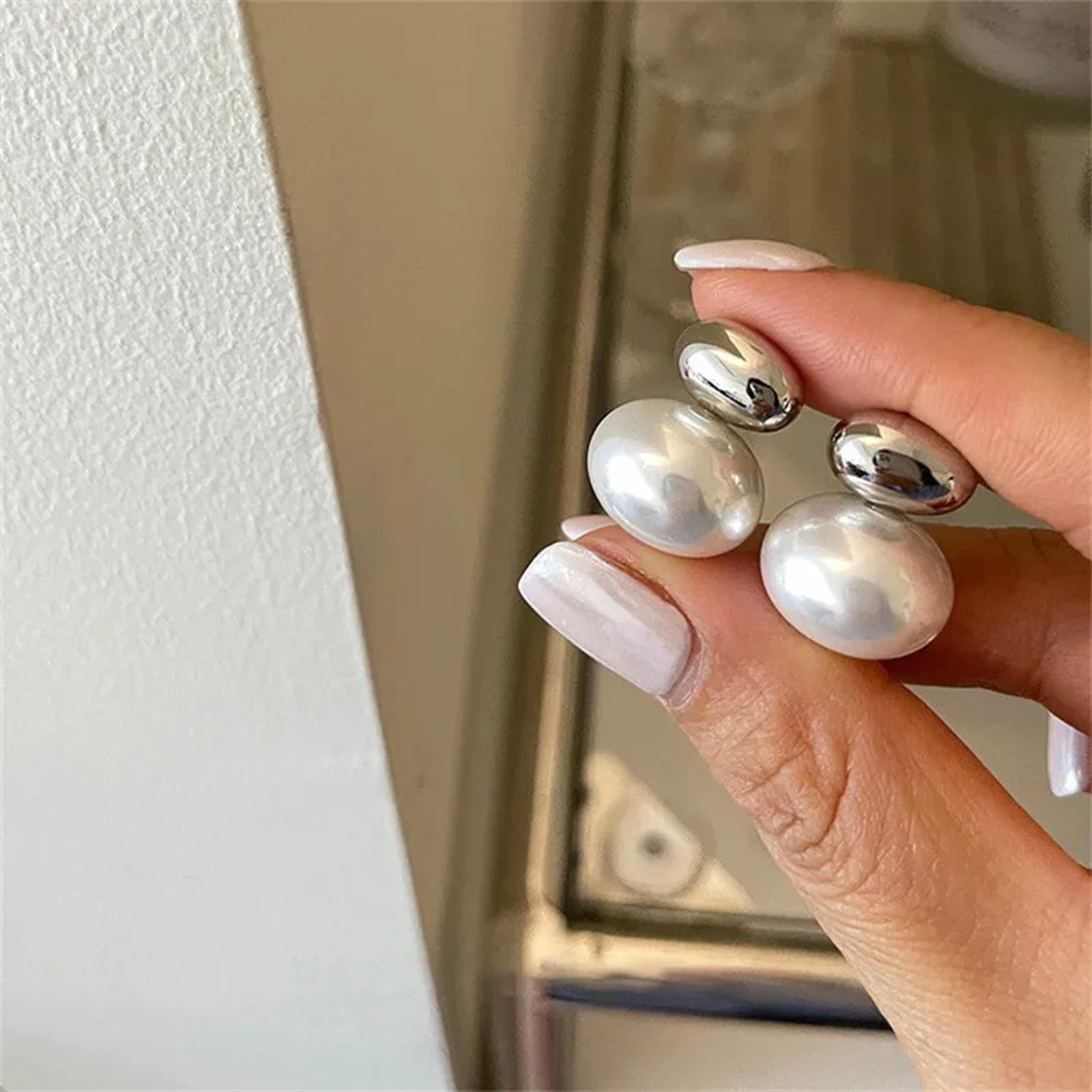 French Gold Pearl Earrings Elegant Flat Pearl Statement Earrings For Women 7
