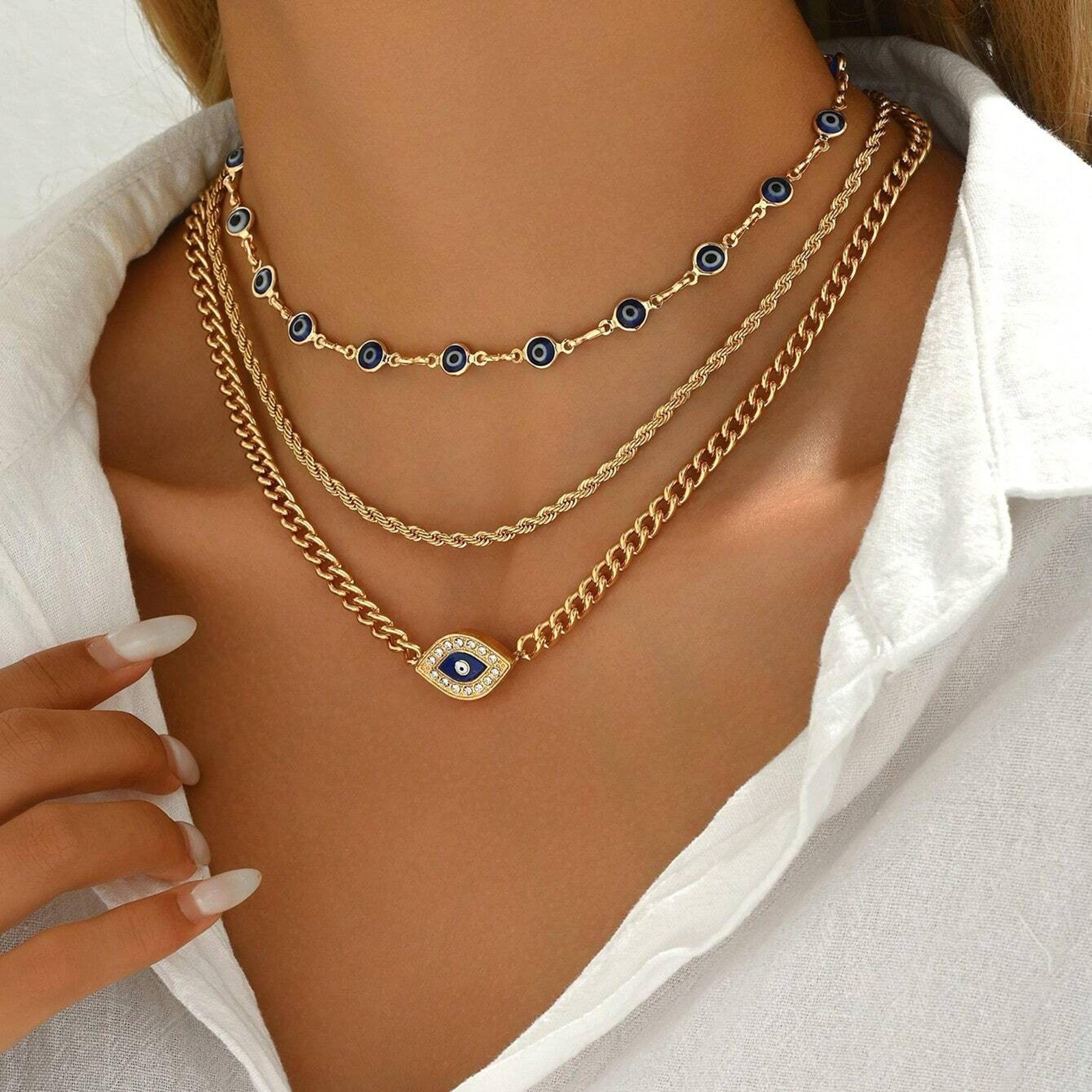 Evil Eye Necklace Layered Crystal Lucky Charm Boho Pendant Necklace For Women 2