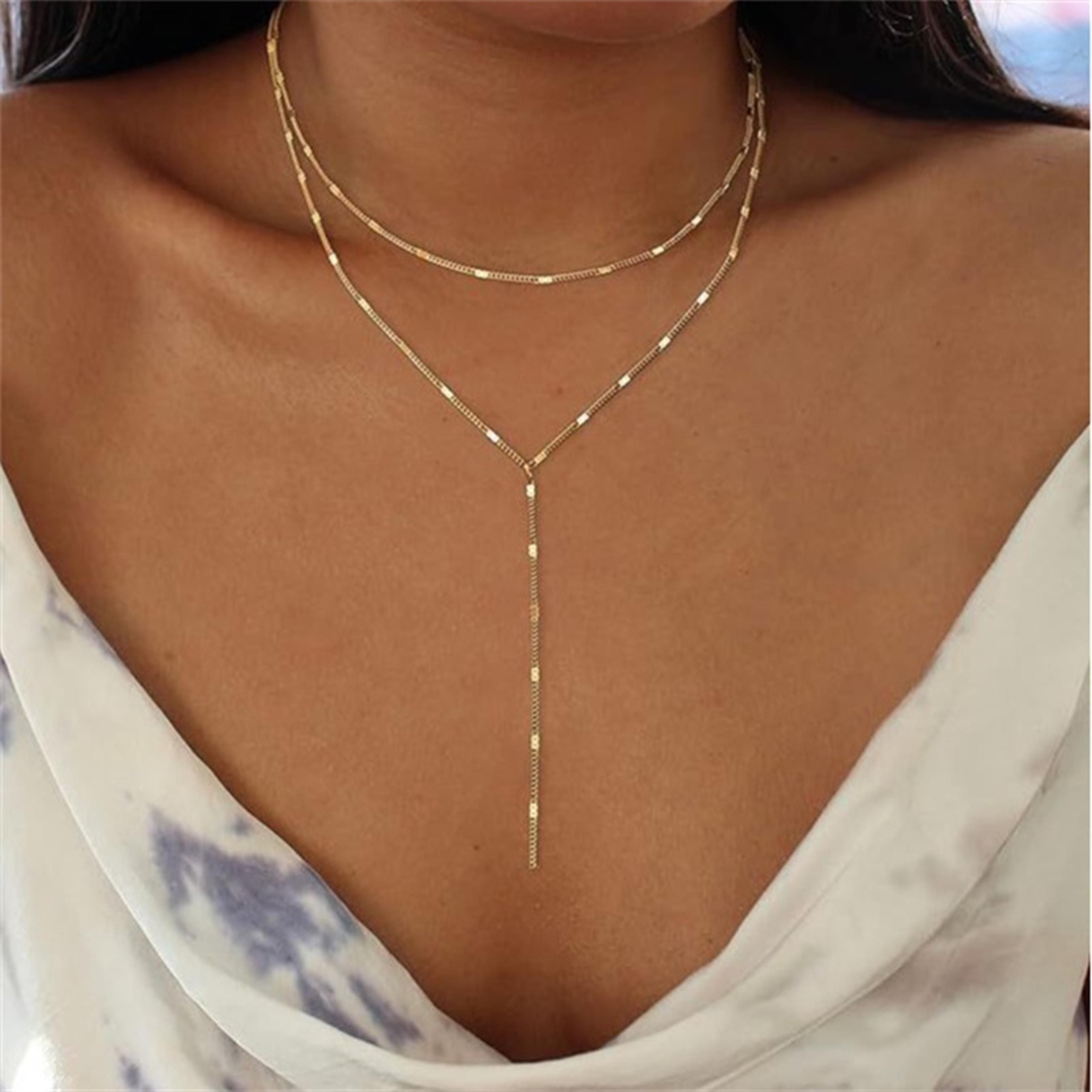 Boho Layered Gold Necklace Y Pendant Long Chain Stacking Necklace For Women 1