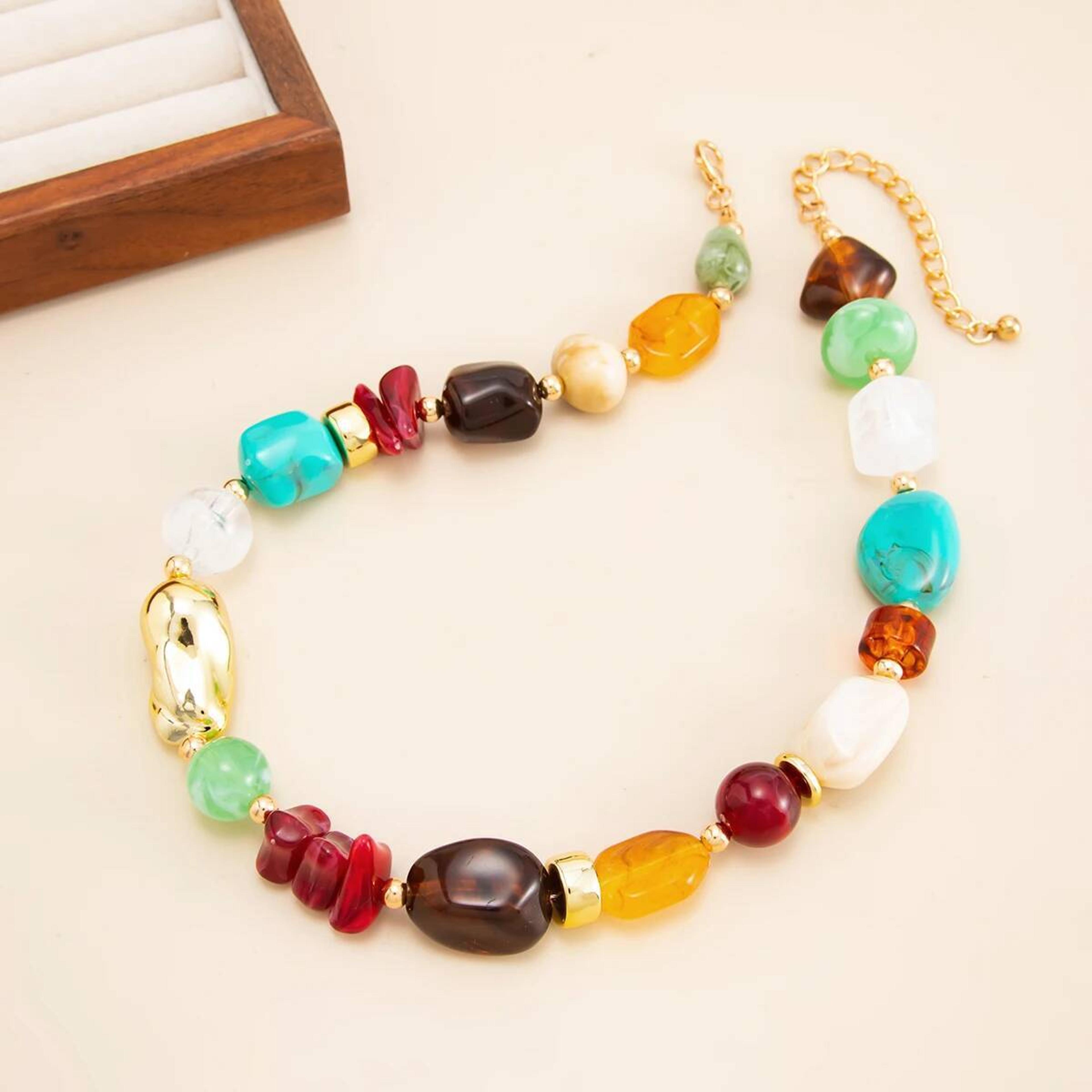 Bohemian Colorful Resin Beaded Choker Necklace Adjustable Vintage Acrylic Boho Jewelry For Women 4