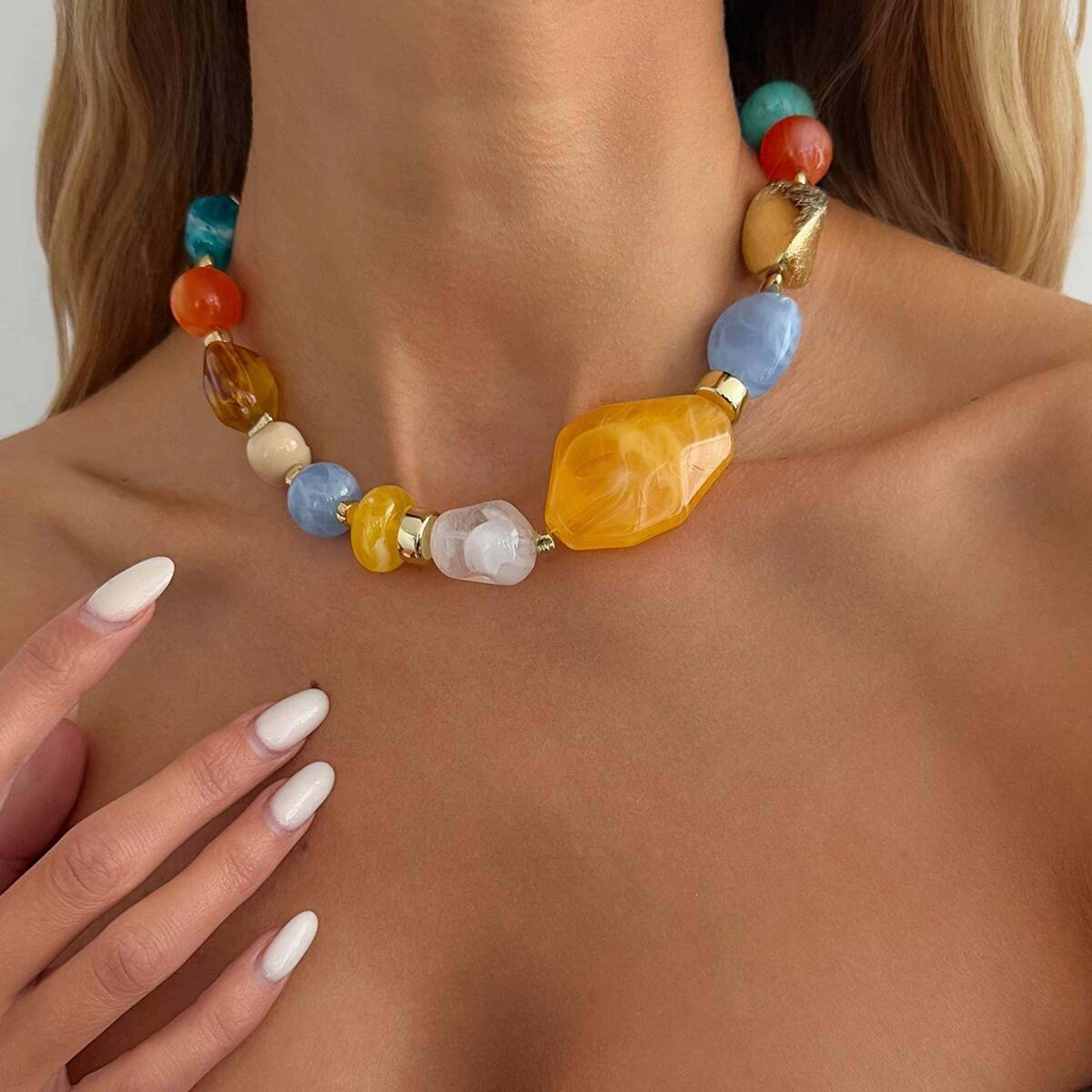 Bohemian Colorful Resin Beaded Choker Necklace Adjustable Vintage Acrylic Boho Jewelry For Women 7