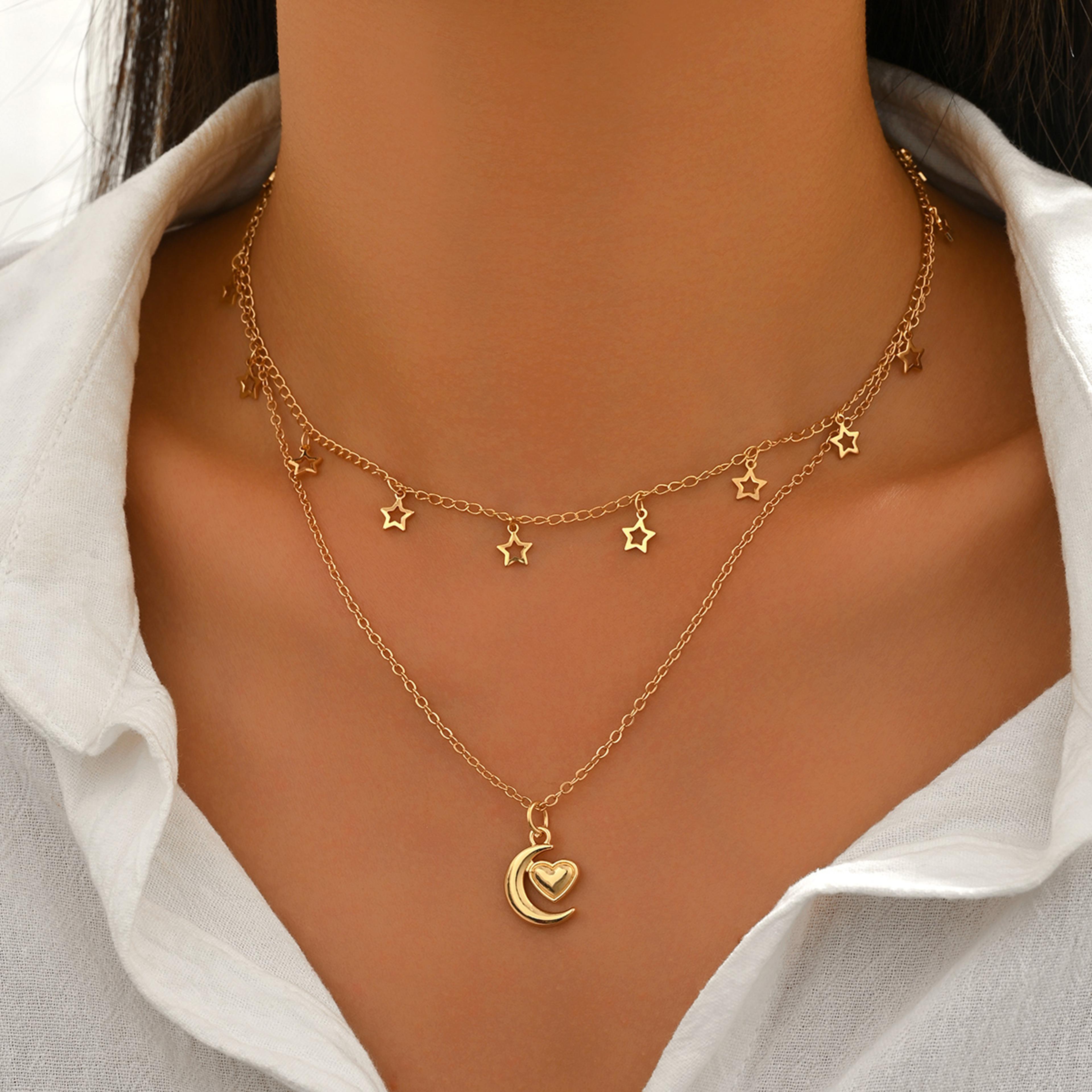 Layered Star Necklace  Sun Pendant Gold Choker Set For Women Dainty Adjustable Necklace 2