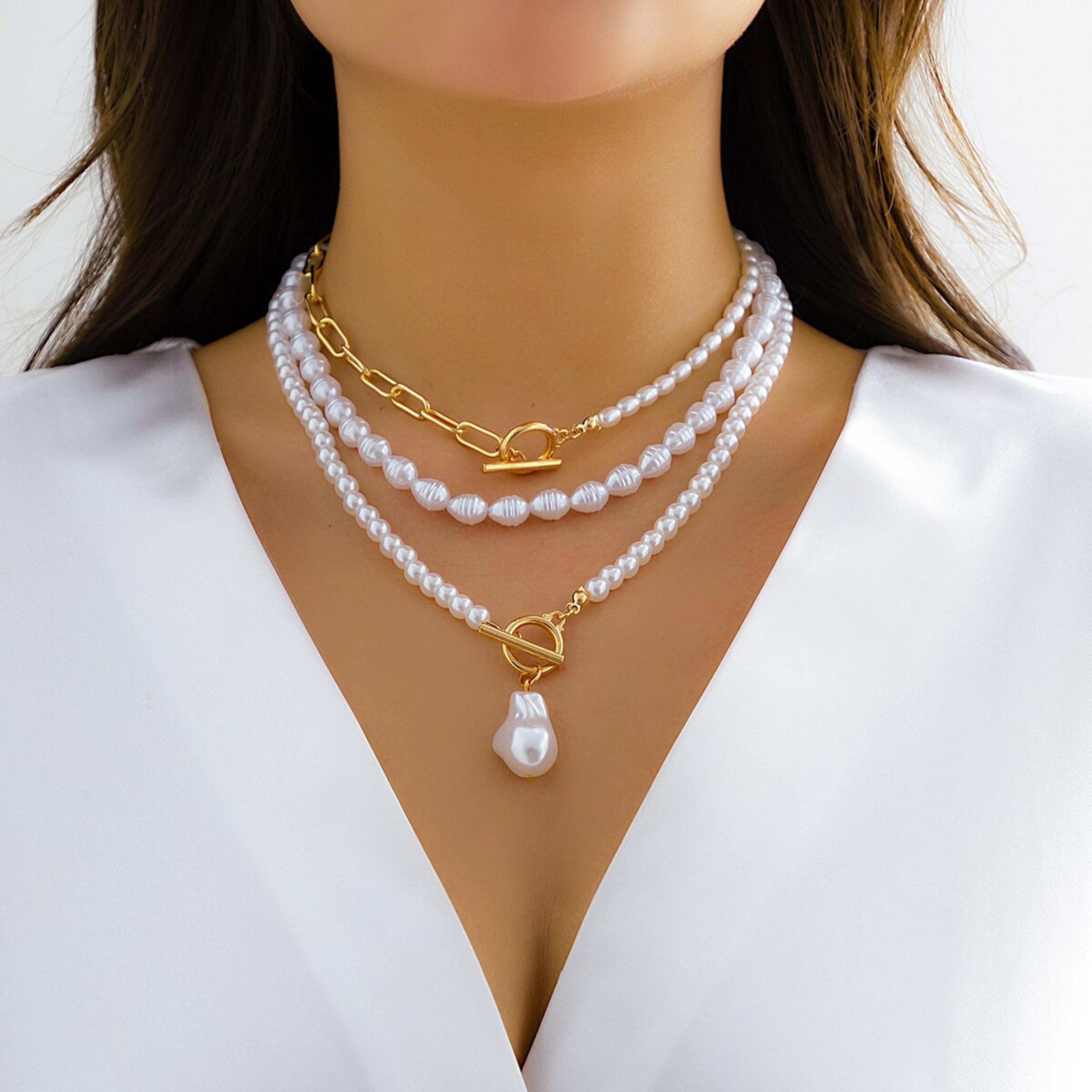 Elegant Layered Pearl Necklace Set Necklace With OT Buckle Faux Pearl Pendant 6