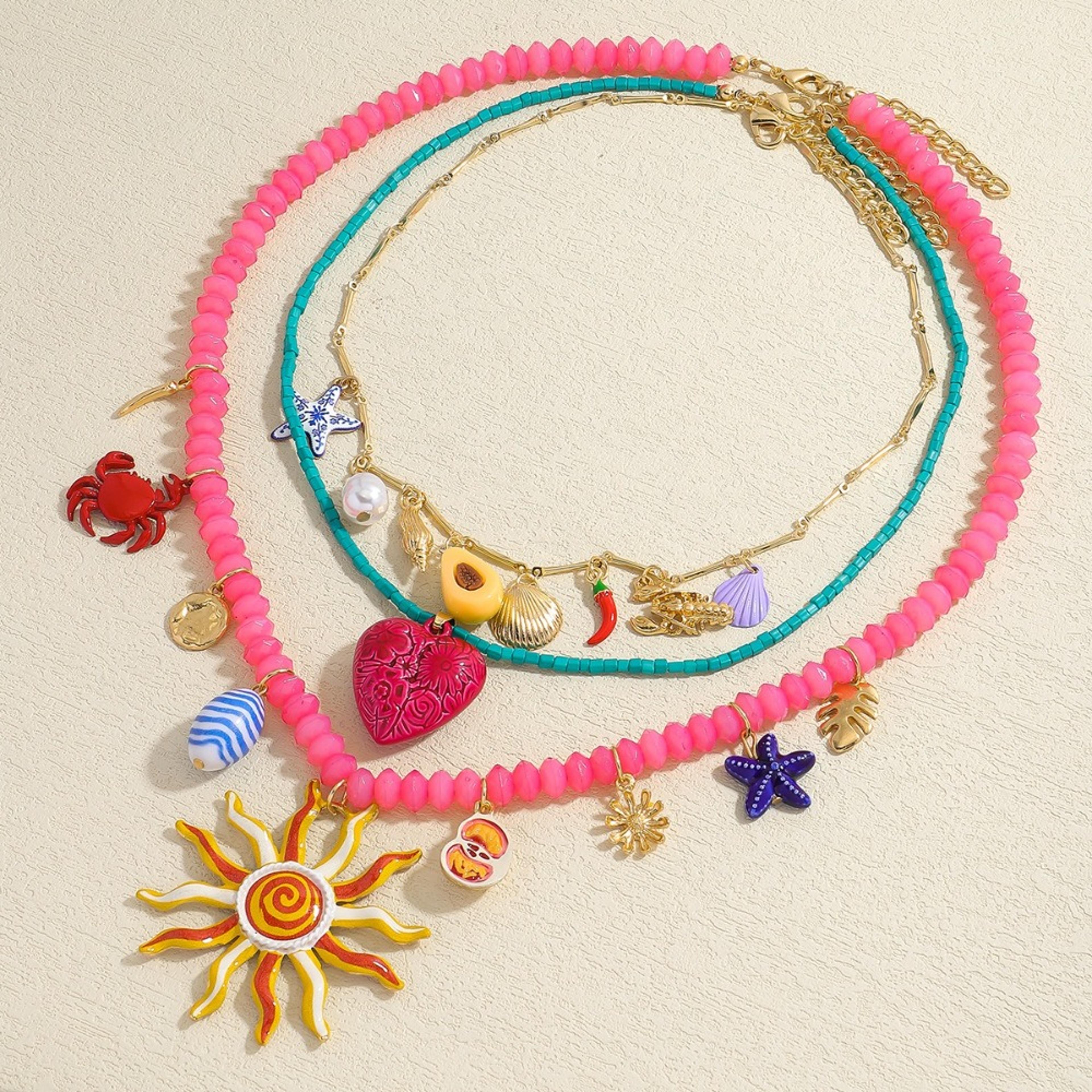 Boho Layered Beach Necklace Set Colorful Beaded Summer Jewelry With Ocean Charms 3