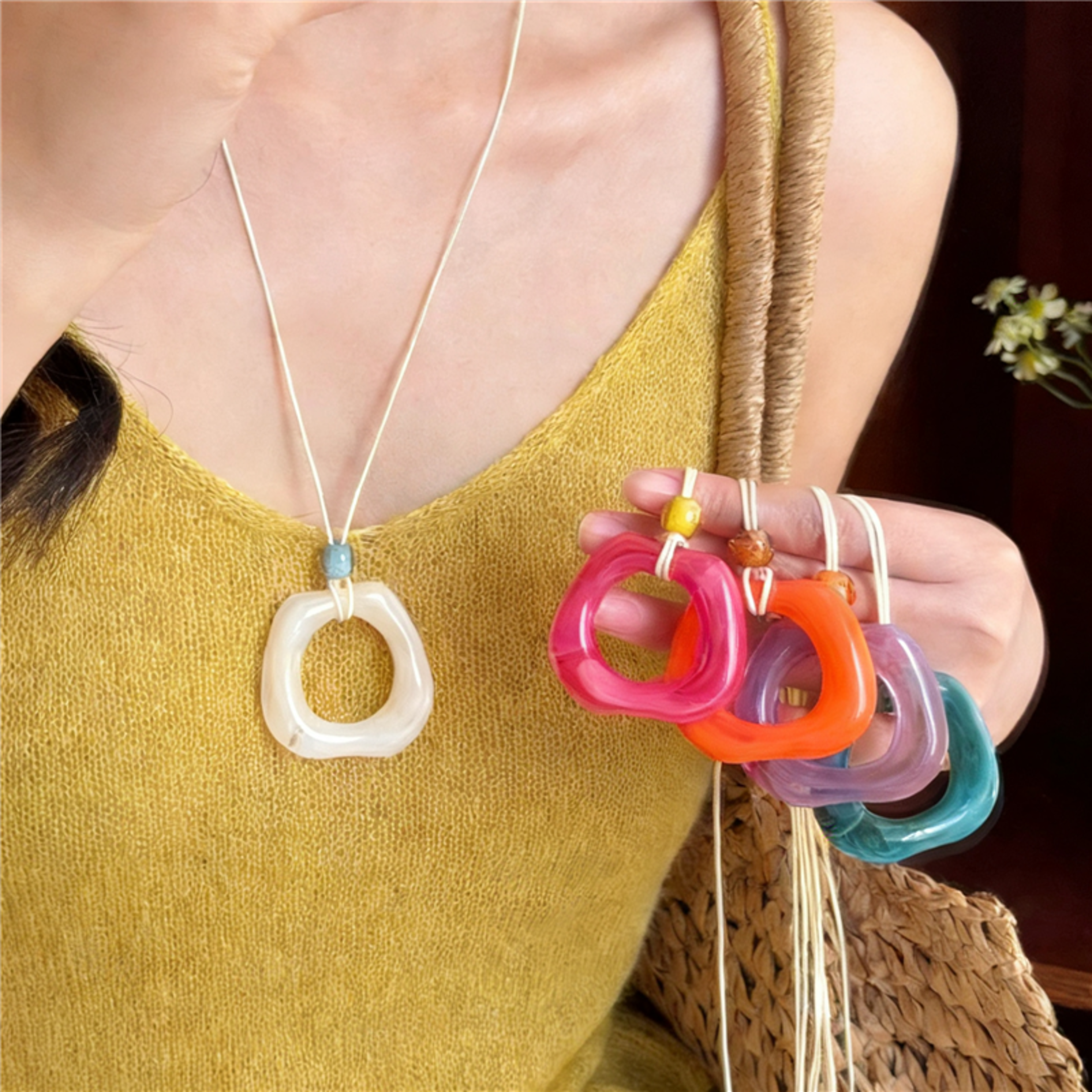 ColorPop Resin Pendant Necklace Modern Geometric Necklace With Long Rope Cord For Women 2