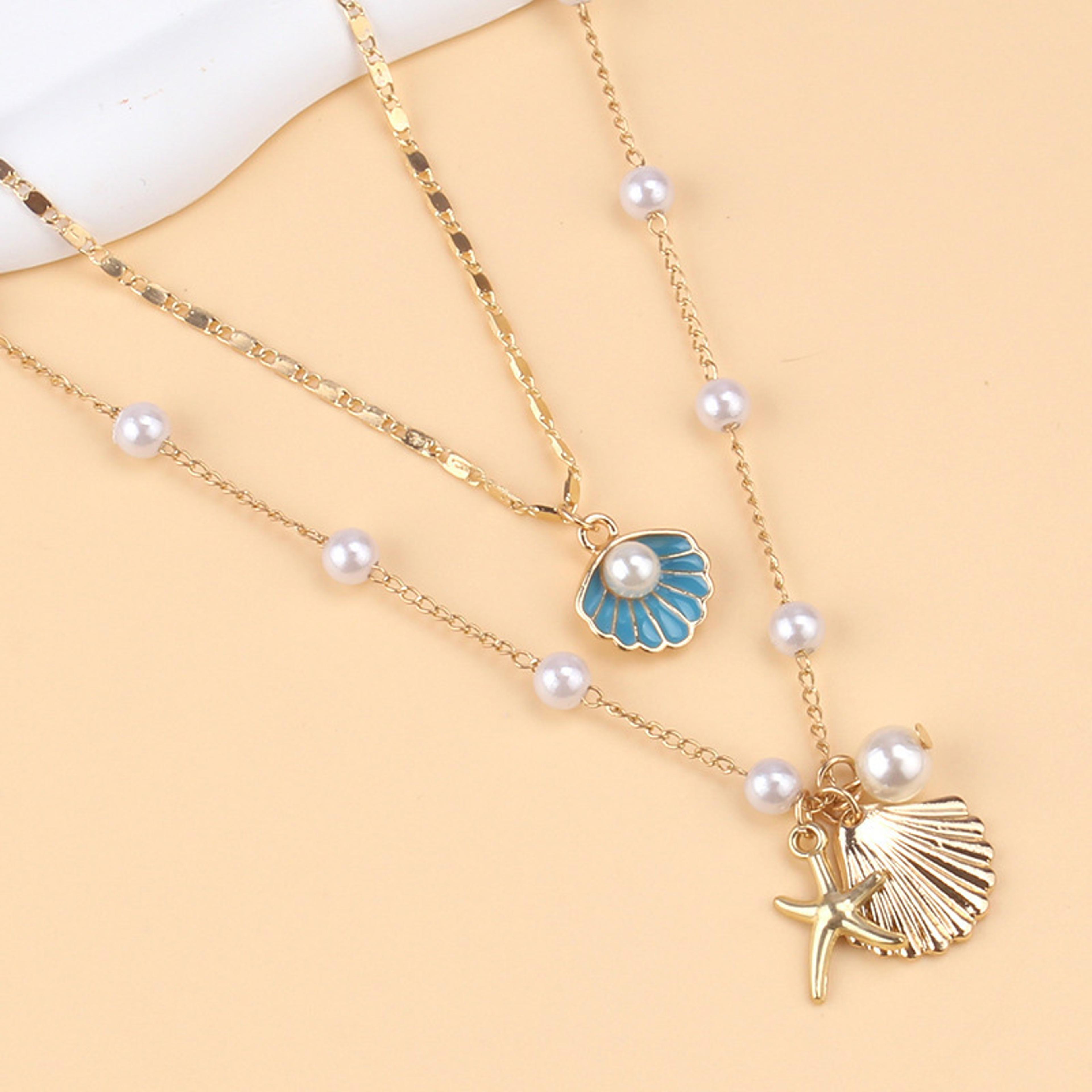 Ocean Glow Starfish Necklace Gold Plated Layered Pearl Necklace With Shell Pendant For Women 1