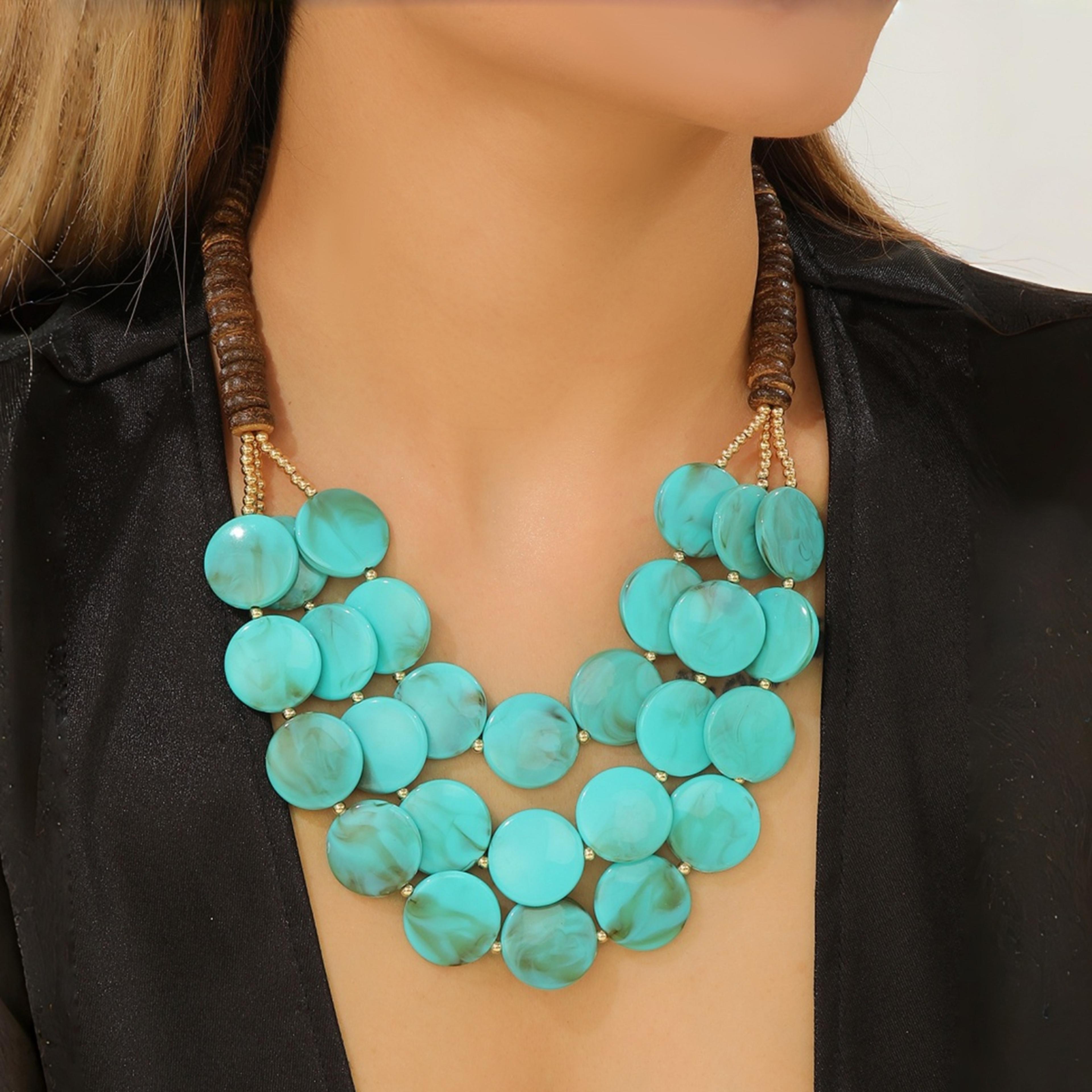 Layered Beaded Necklace With Wooden Beads  Geometric Acrylic Design 2