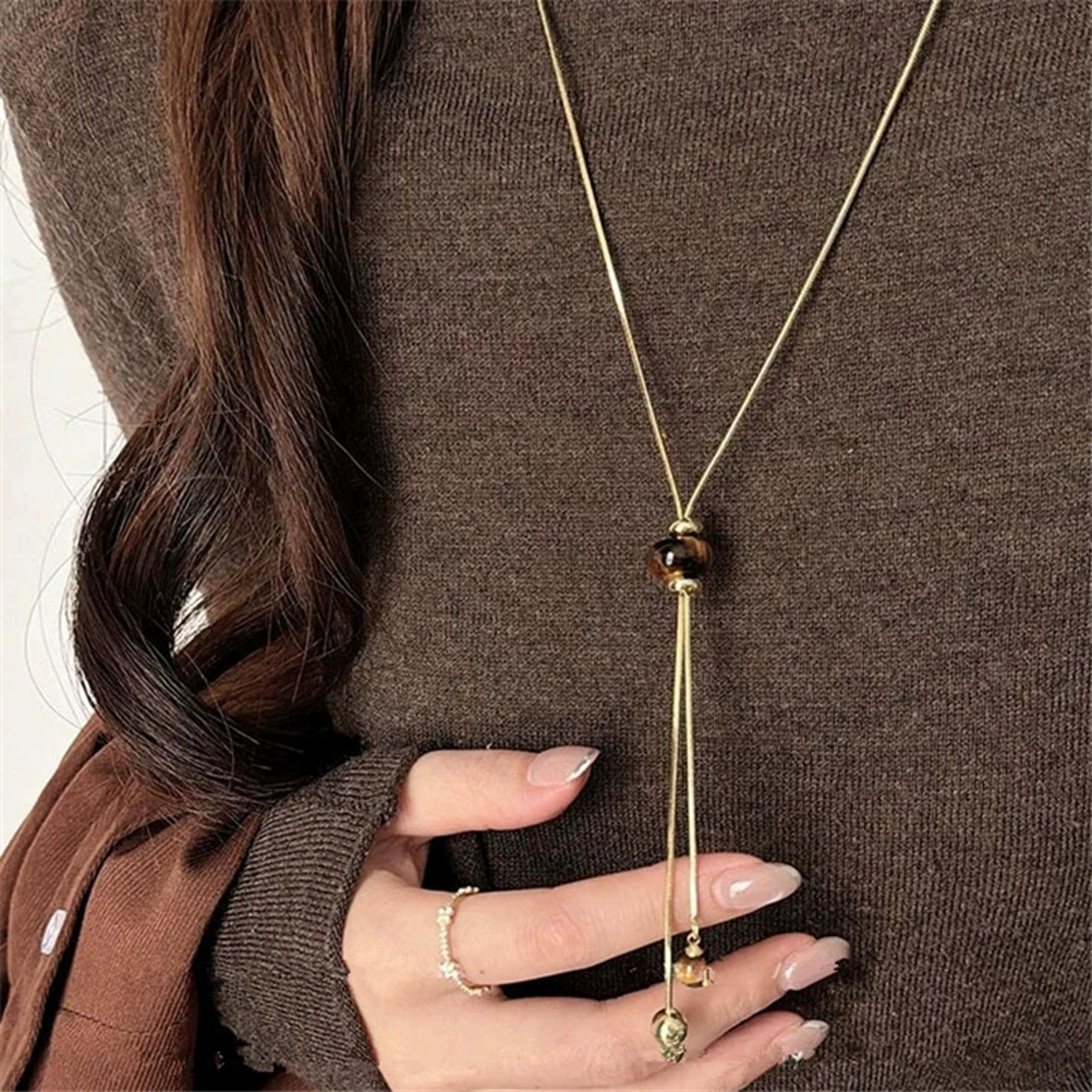 Vintage Tiger Eye Stone Necklace Minimalist Gold Snake Chain Necklace Long Sweater Pendant For Wome 6