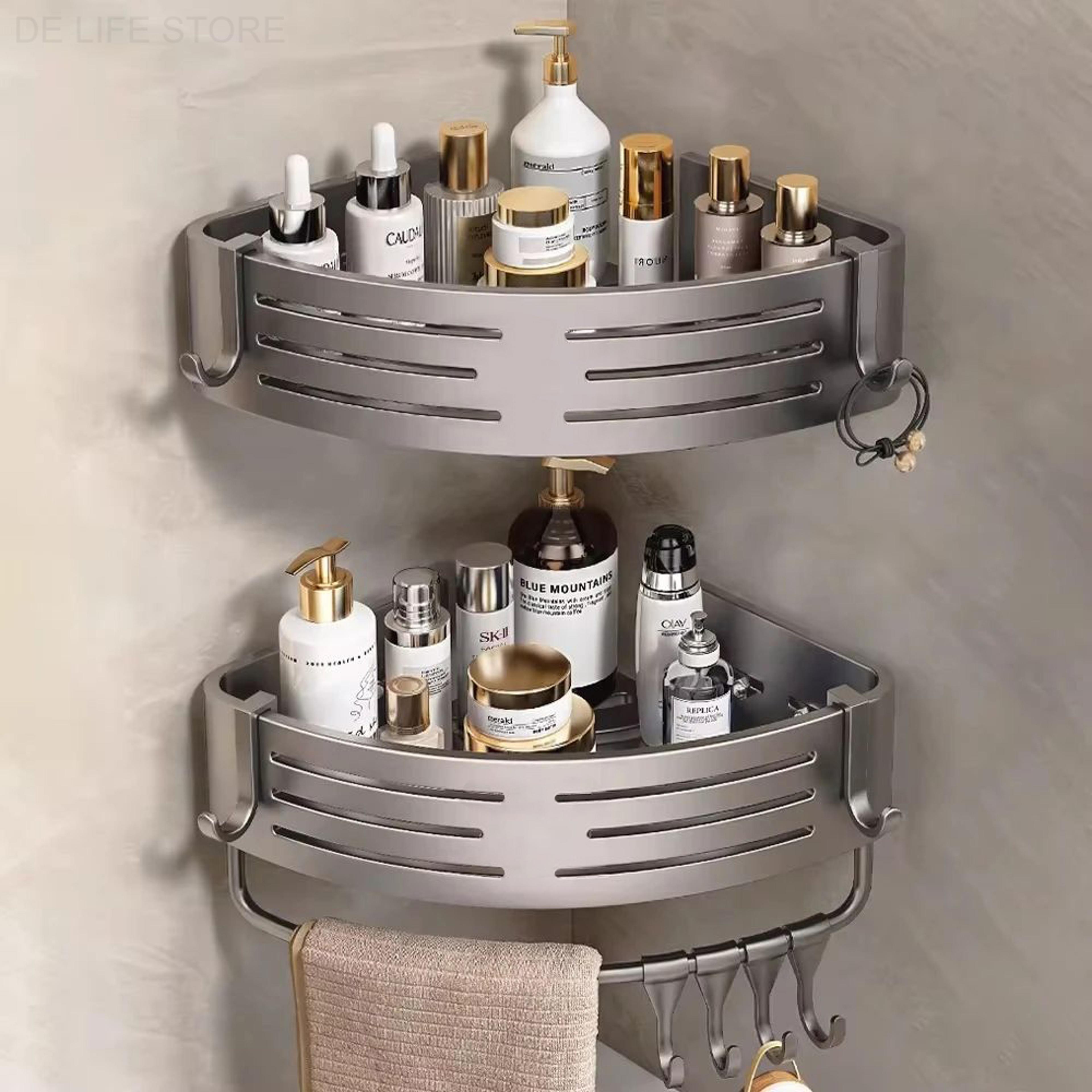 aluminum shower storage rack, no-drill corner shelf with plastic hook & towel bar for bathroom