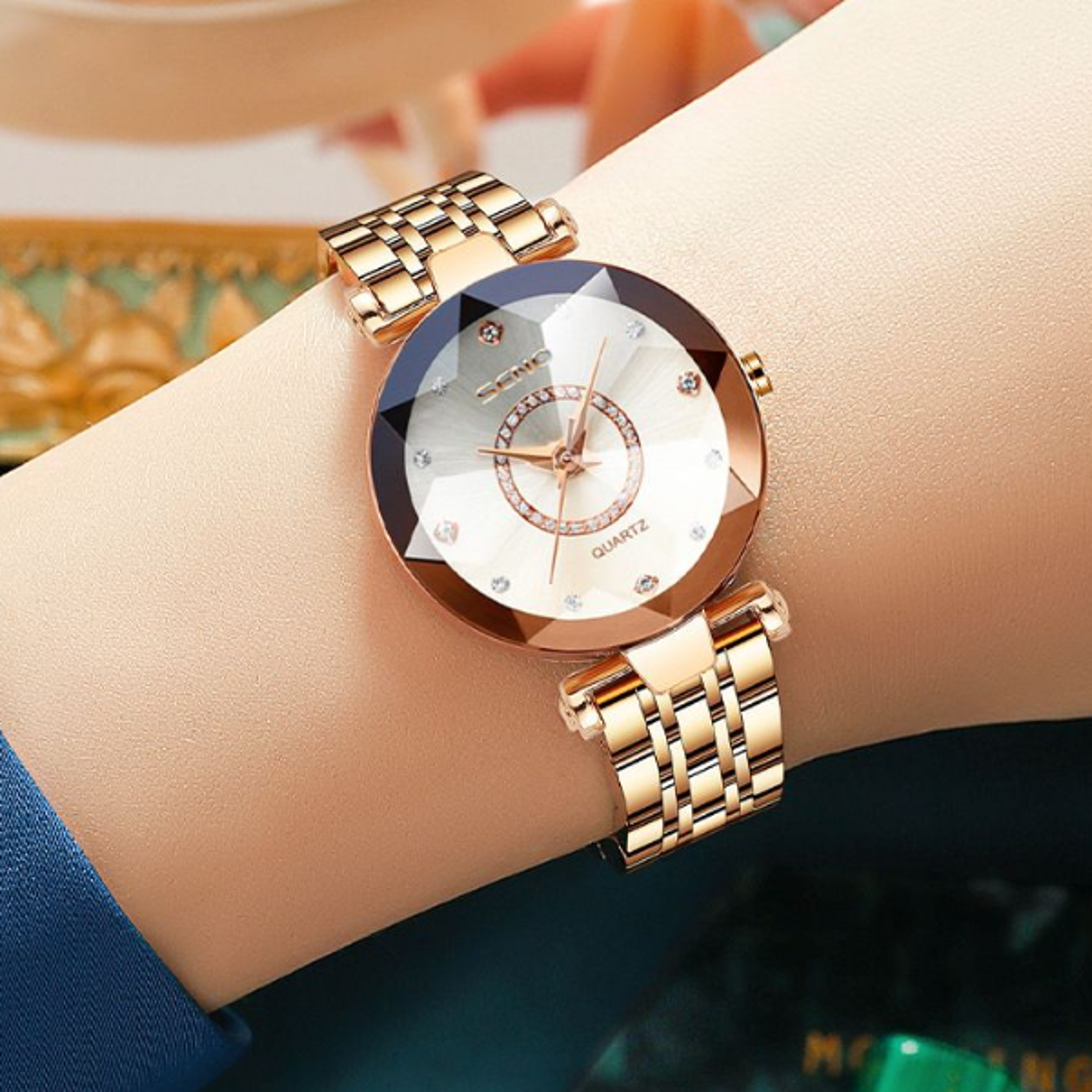Ocean Star Womens Crystal Watch Luxury Rose Gold Bracelet Wrist Watch for Ladies