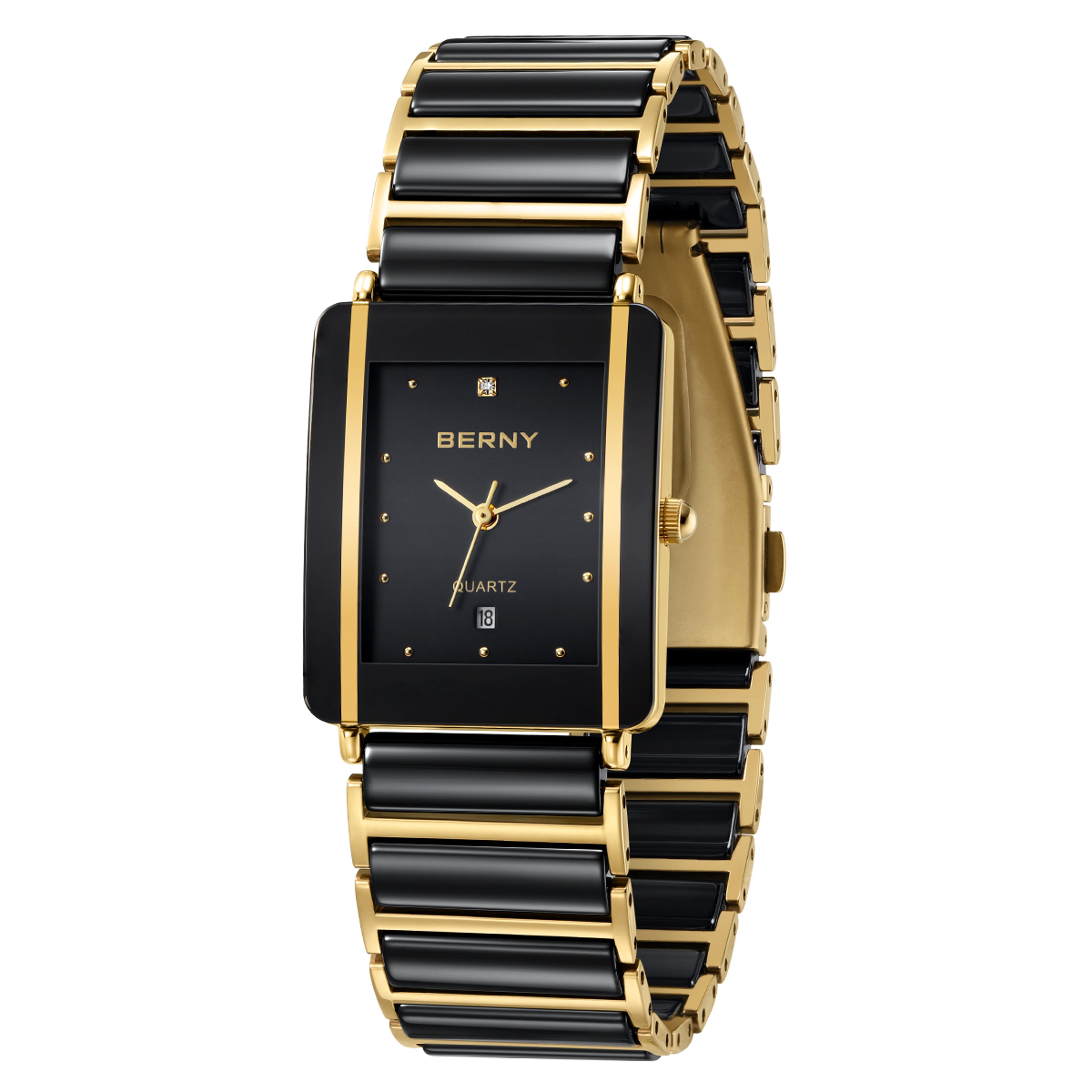 Fashion Luxury Rectangle Wristwatch For Men And Women Ceramic Quartz Watch Waterproof Black Gold Co 1