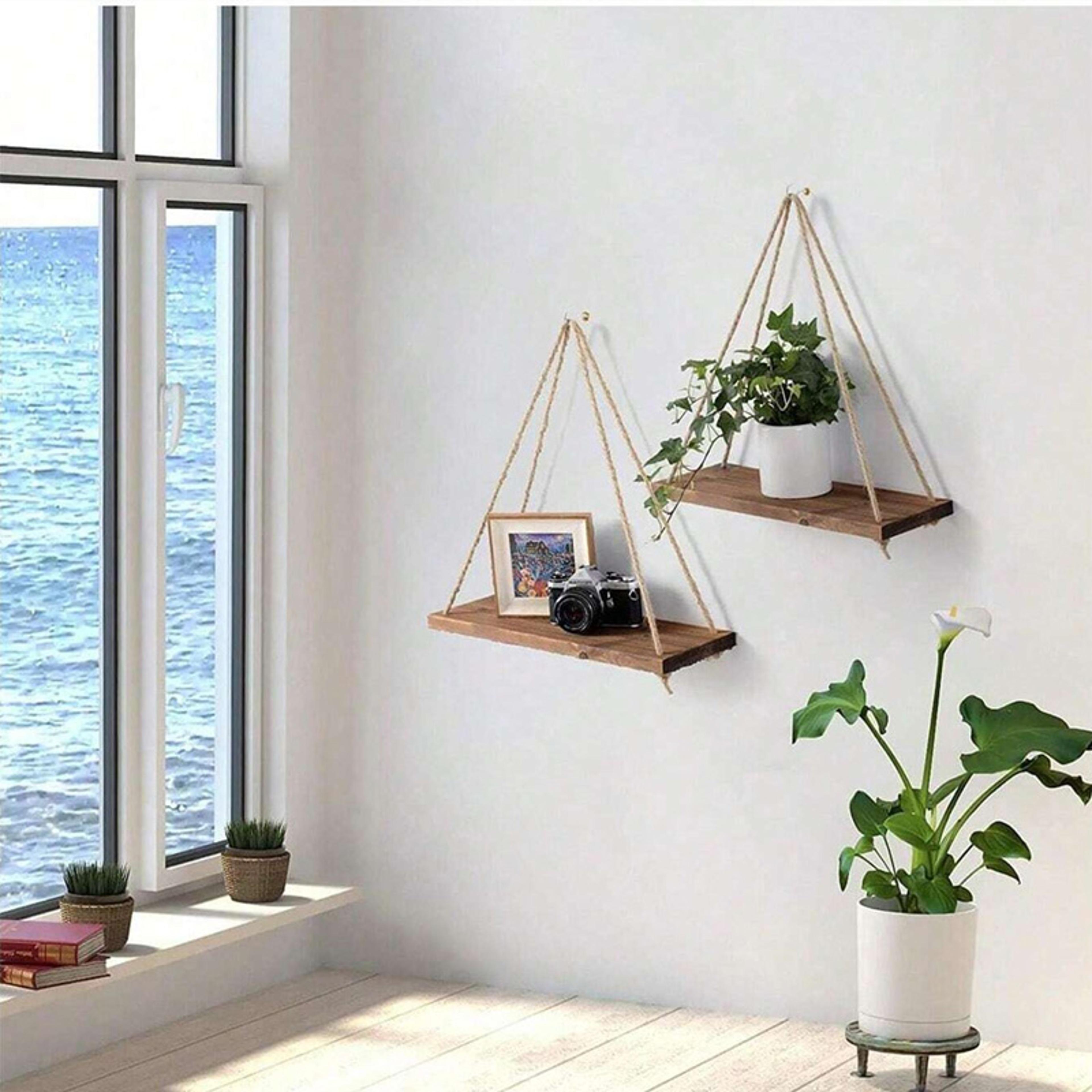 Rustic Wooden Hanging Rope Shelf For Plants And Boho Wall Decor 1