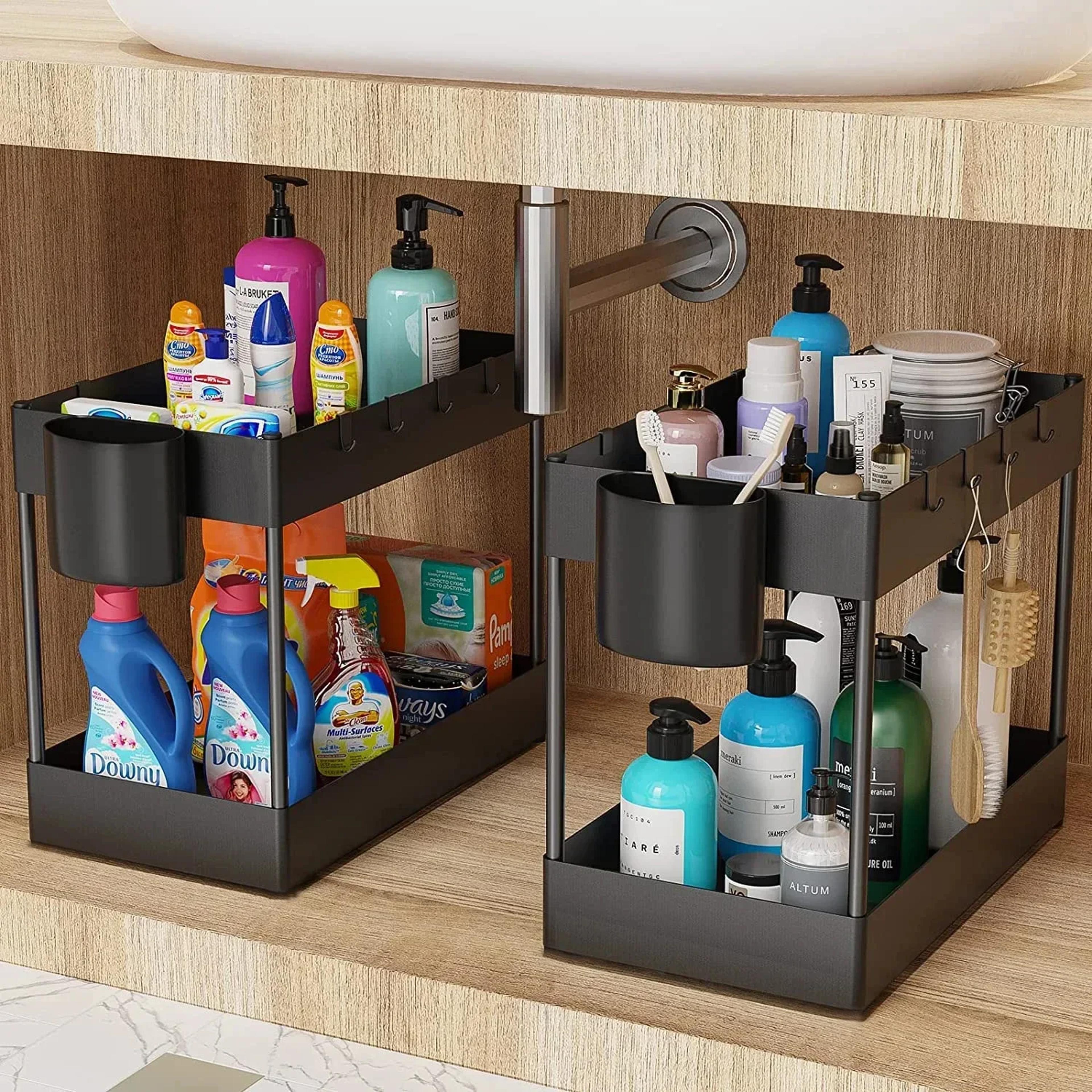Under Sink Organizer With Sliding Basket Hooks And Cup 1