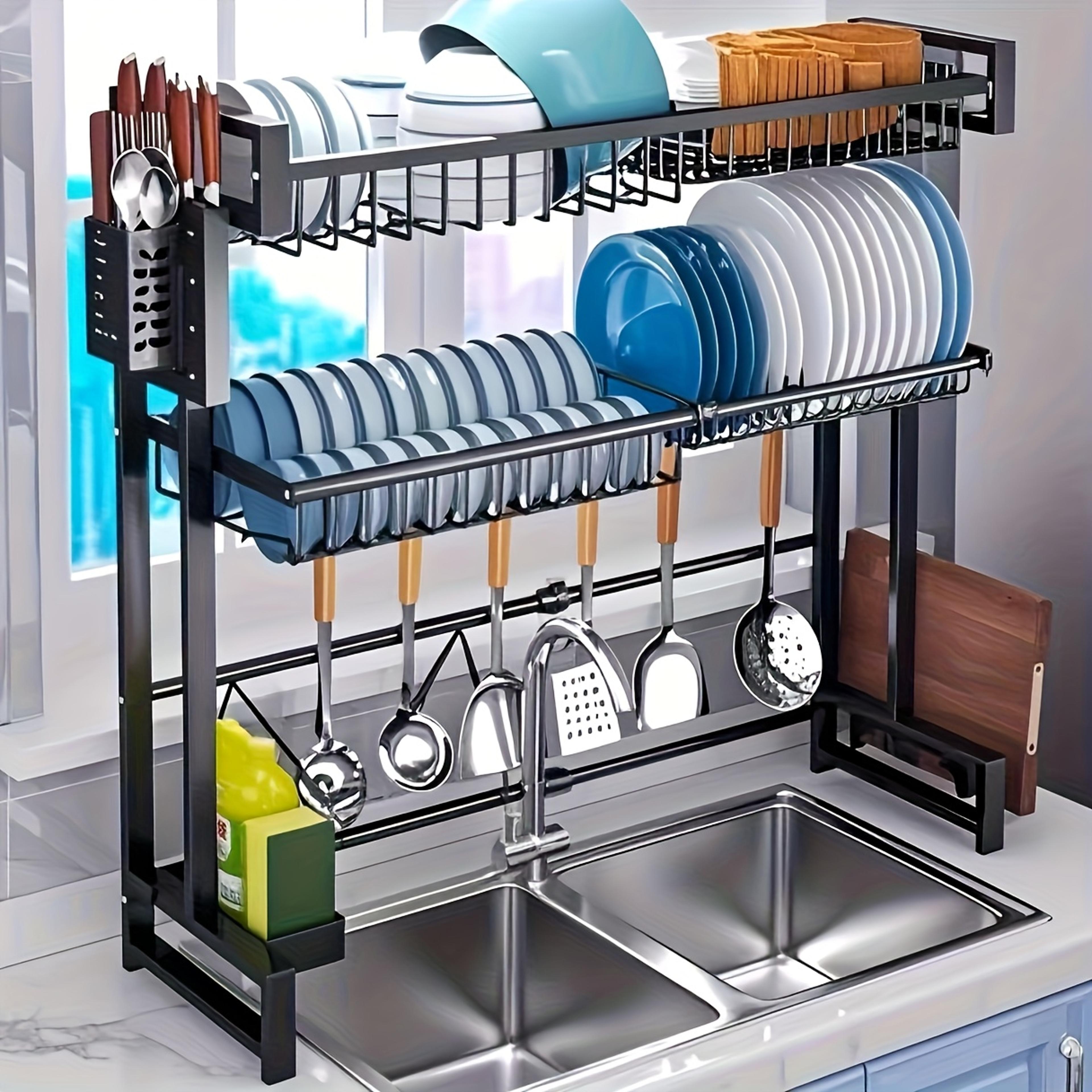 Over Sink Dish Drying Rack Expandable Kitchen Organizer With Cutlery Holder 5