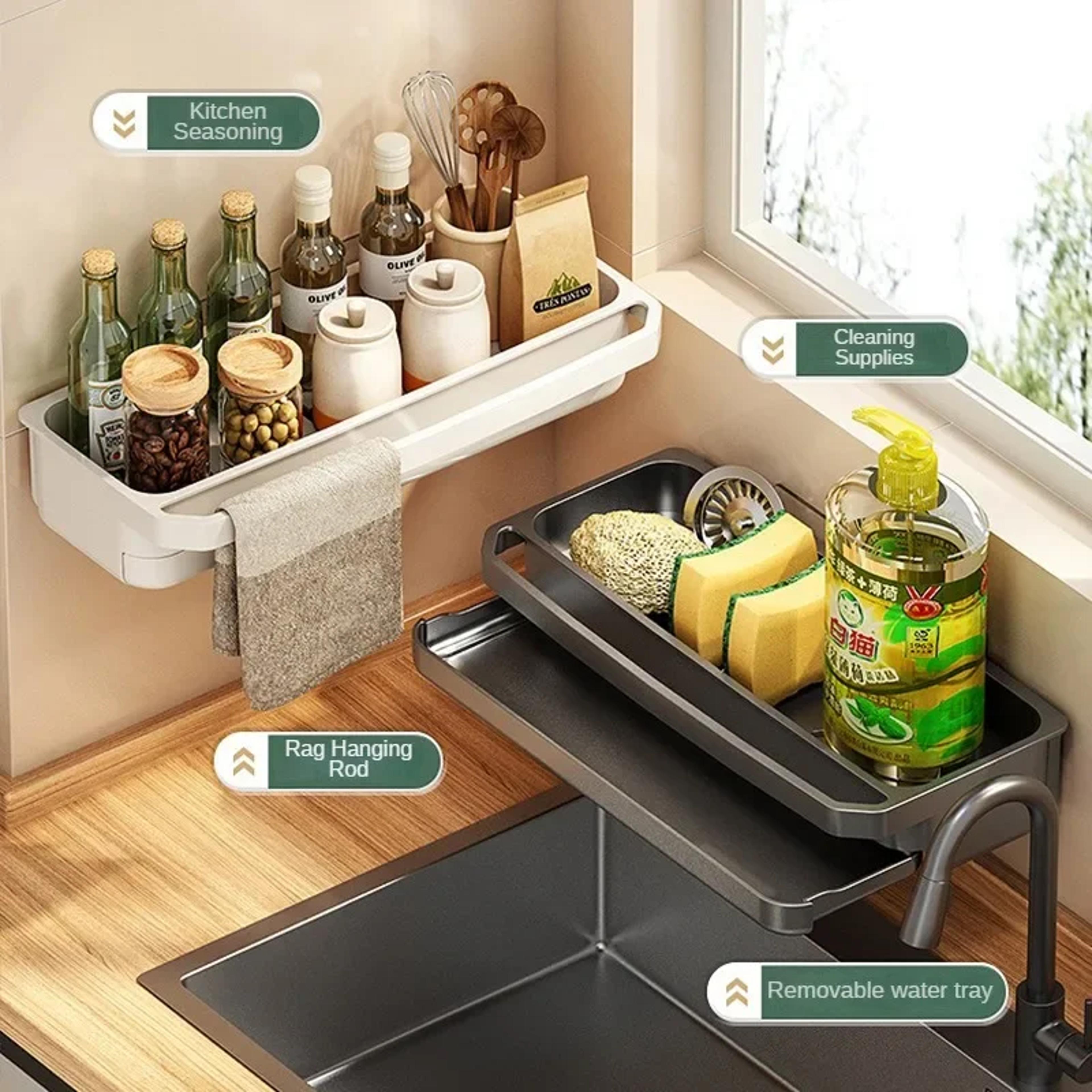 Self Draining Kitchen Sink Organizer Sponge Holder And Soap Storage Rack 1