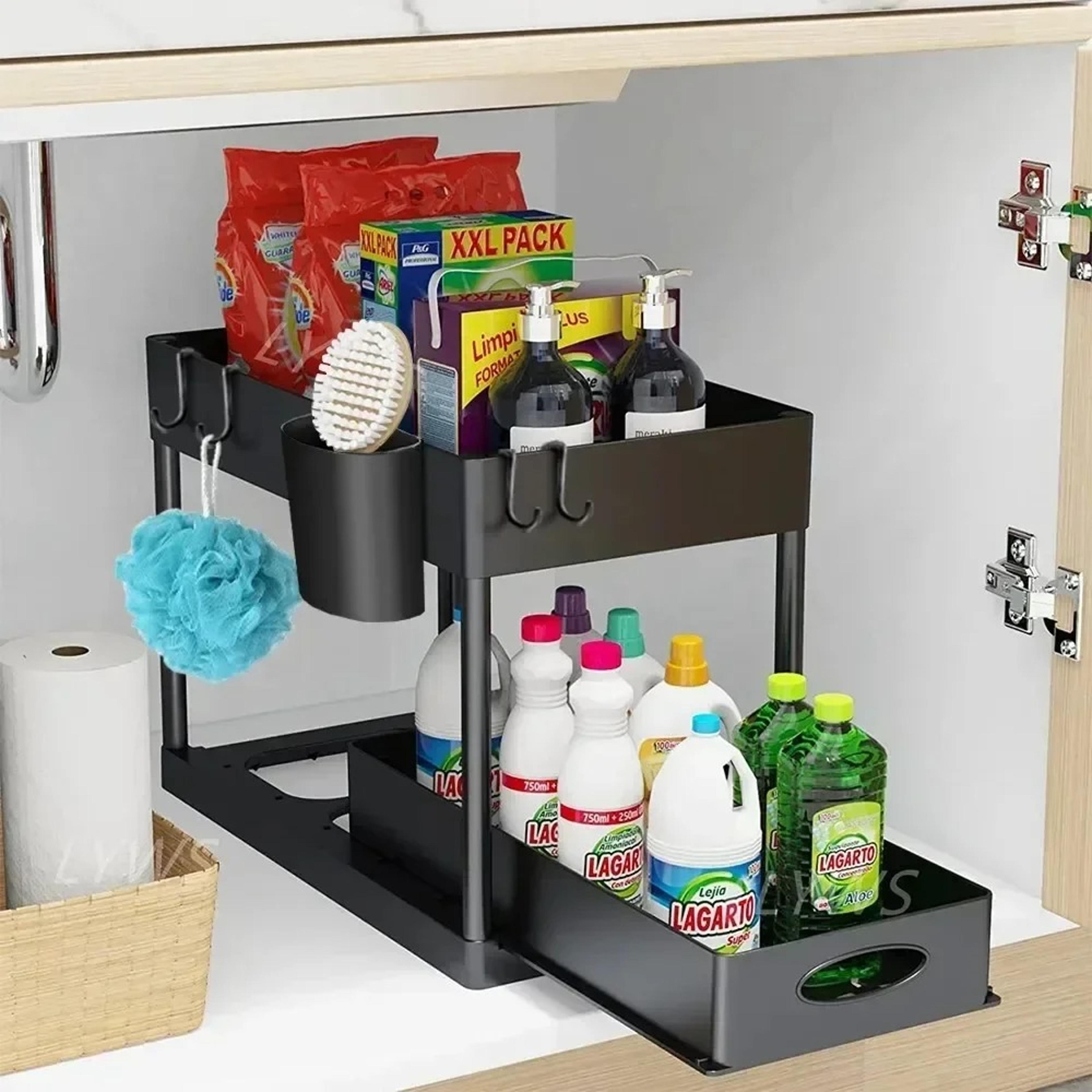 Under Sink Organizer Pull Out Cabinet Storage With Sliding Baskets And Hooks 1