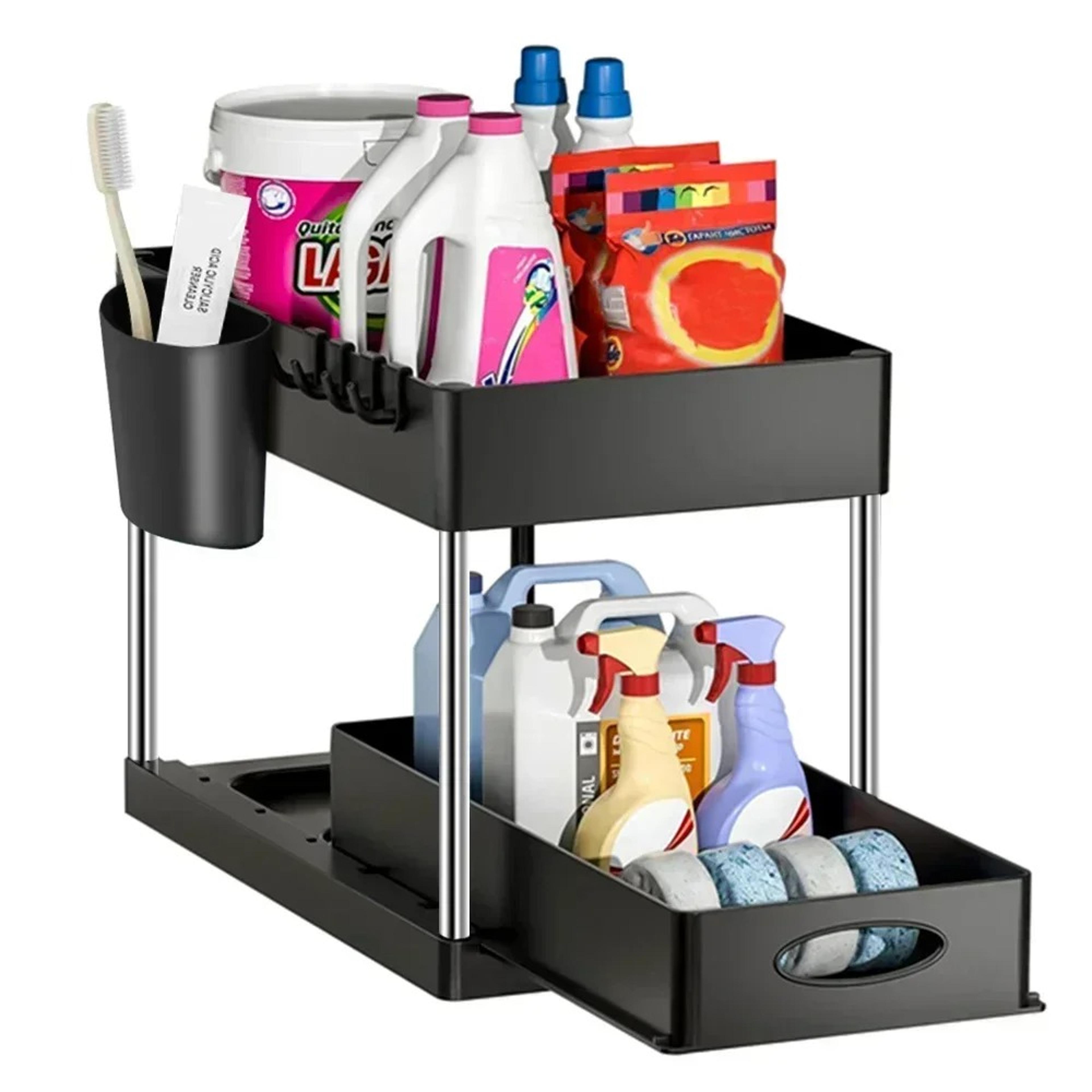 Under Sink Organizer Pull Out Cabinet Storage With Sliding Baskets And Hooks 3