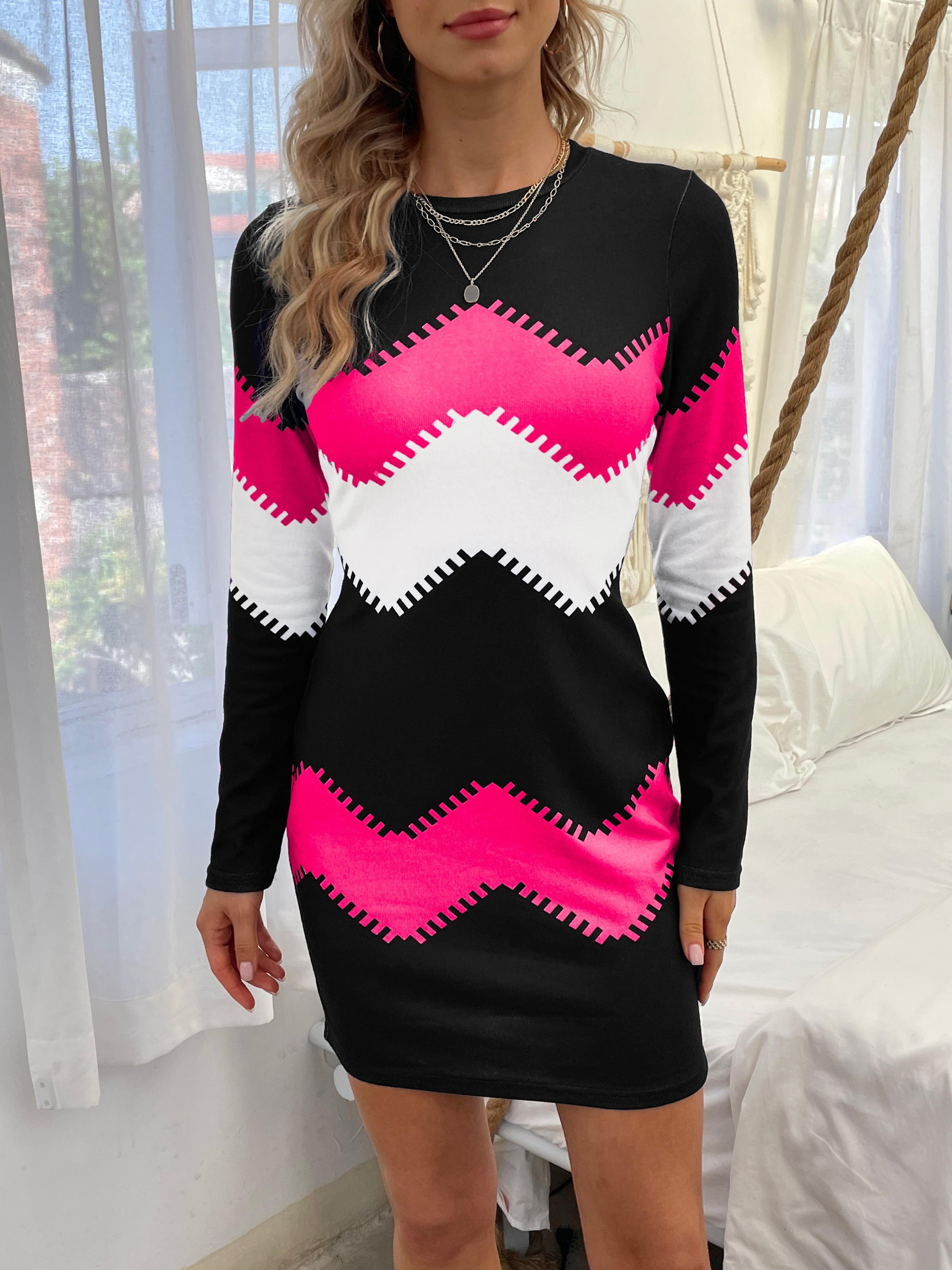 color block simple dress - casual long sleeve bodycon mini dress - women's clothing -
