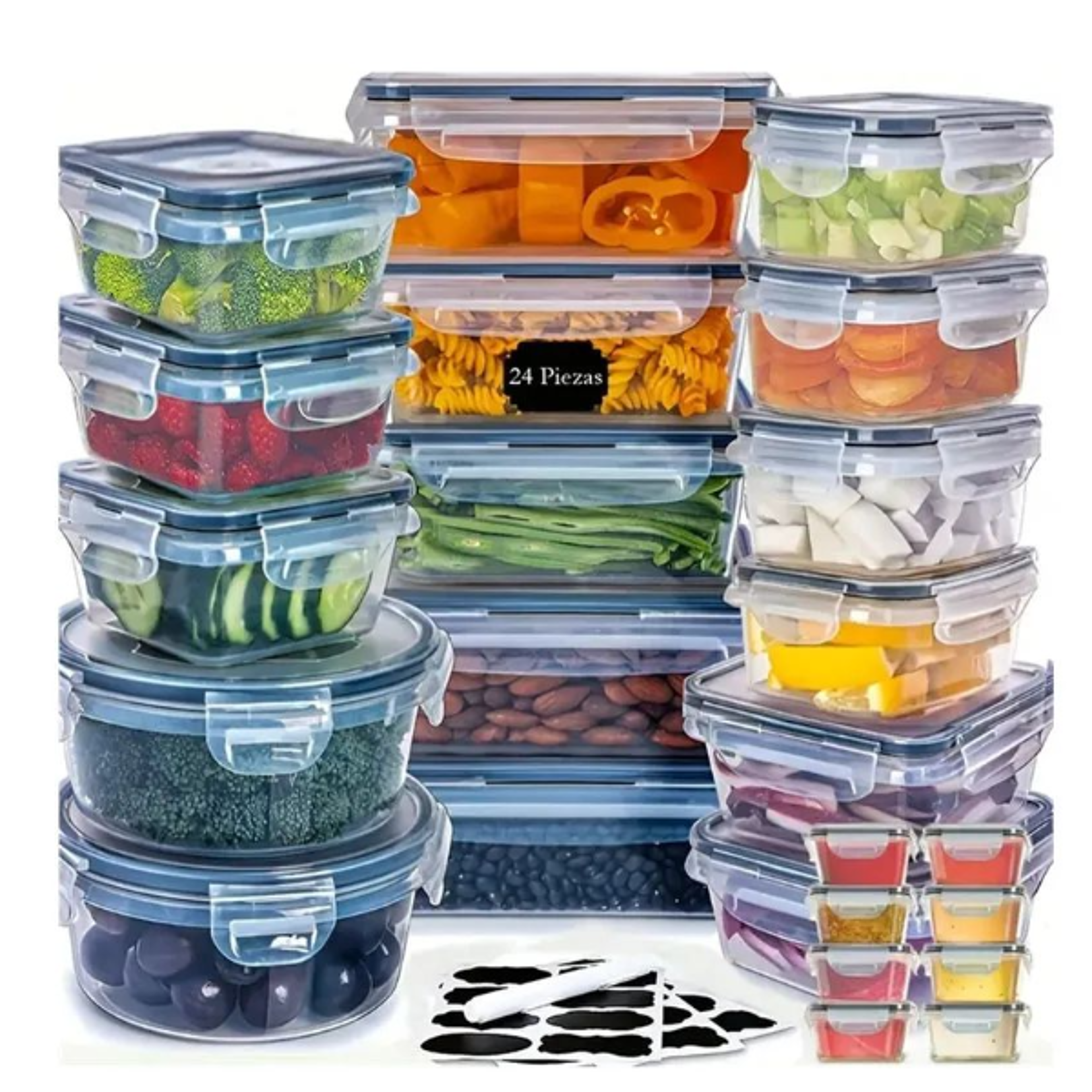 kitchen storage container set, dishwasher safe, reusable plastic bins with flip lids for fruits, vegetables & meats