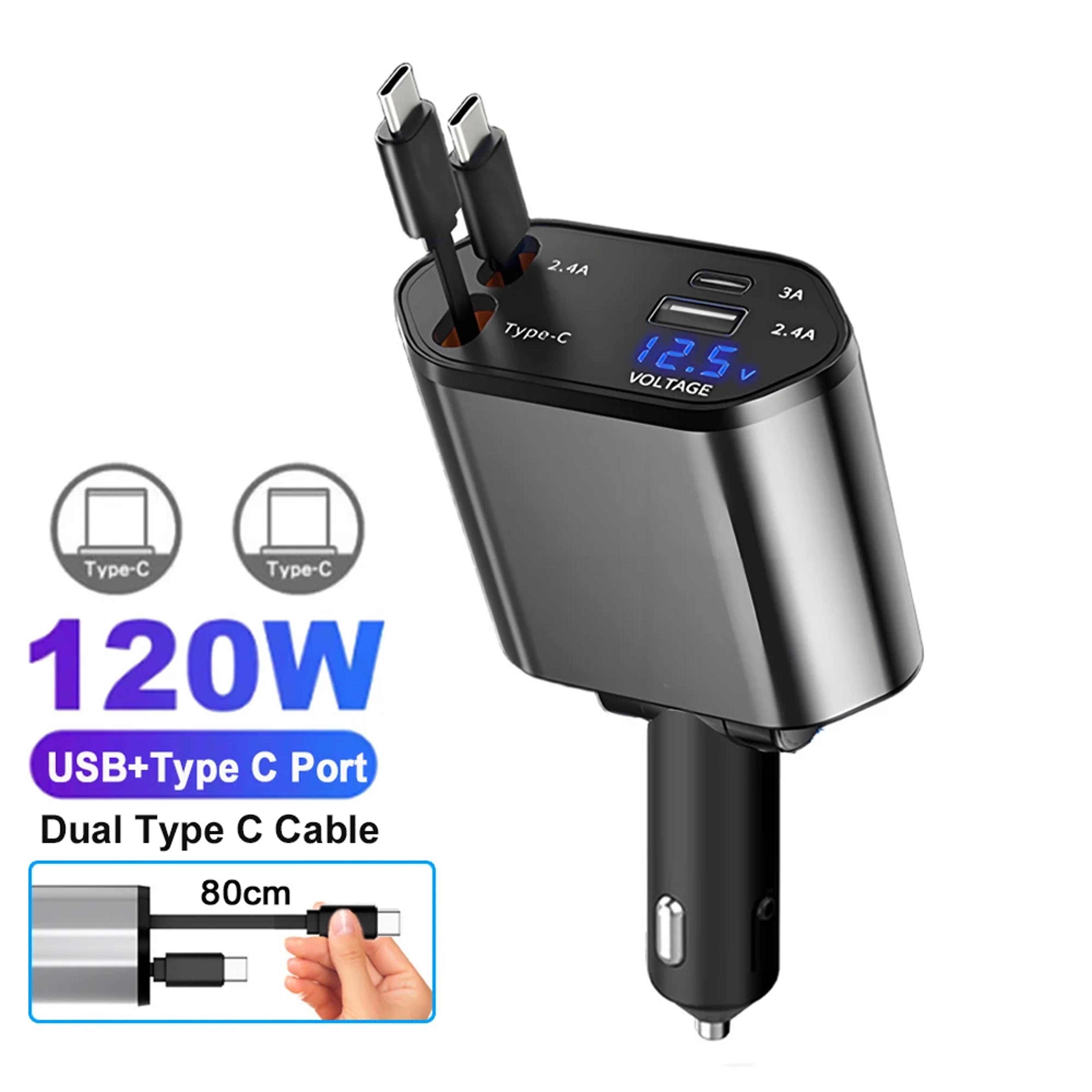 Ultimate 120W Fast Charge Car Charger Retractable Cable For IPhone  Samsung Type C PD Adapter 8
