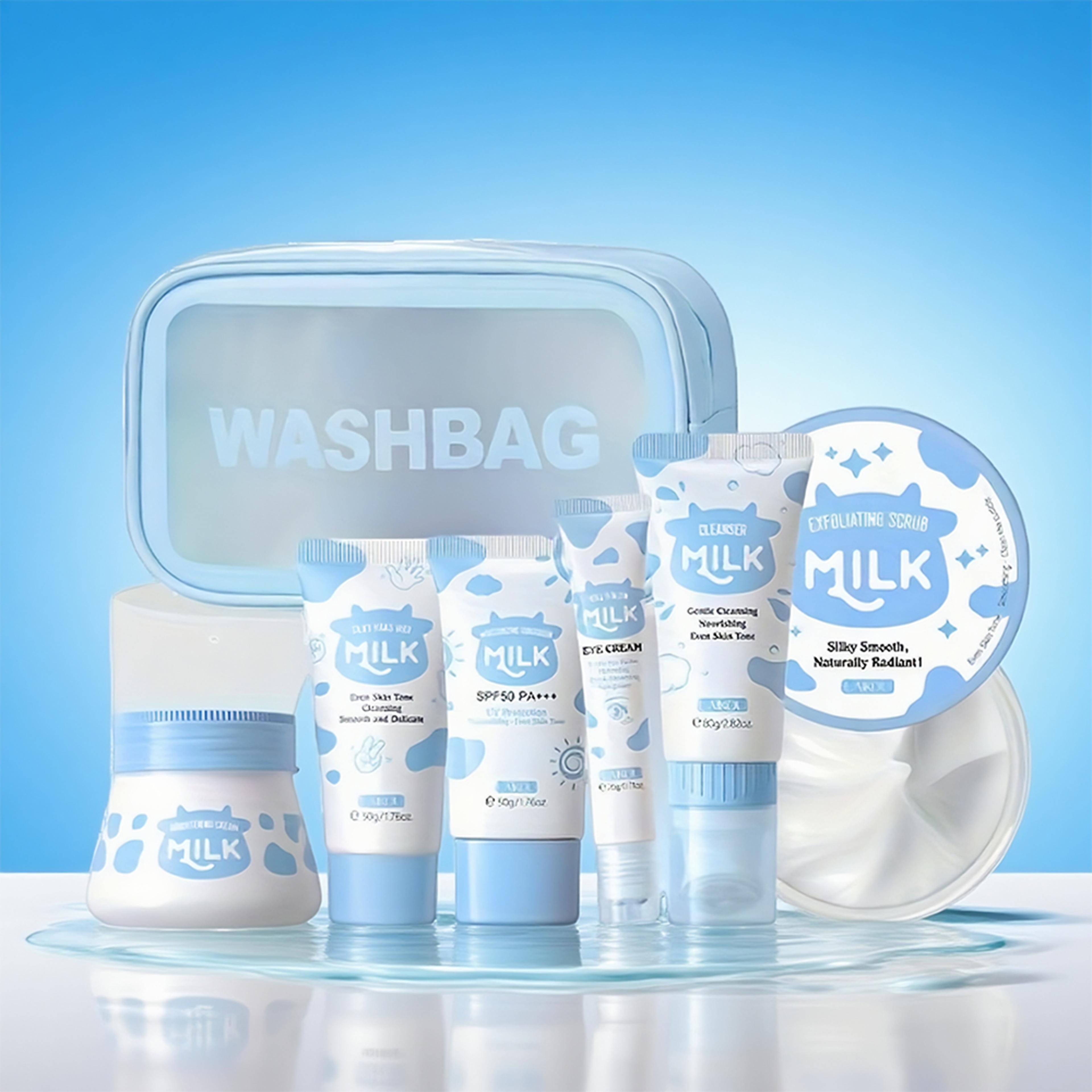 7pcs milk skin care set for moisturizing hydration, facial cleanser, body scrub, hand wax, eye cream, sunscreen, beauty