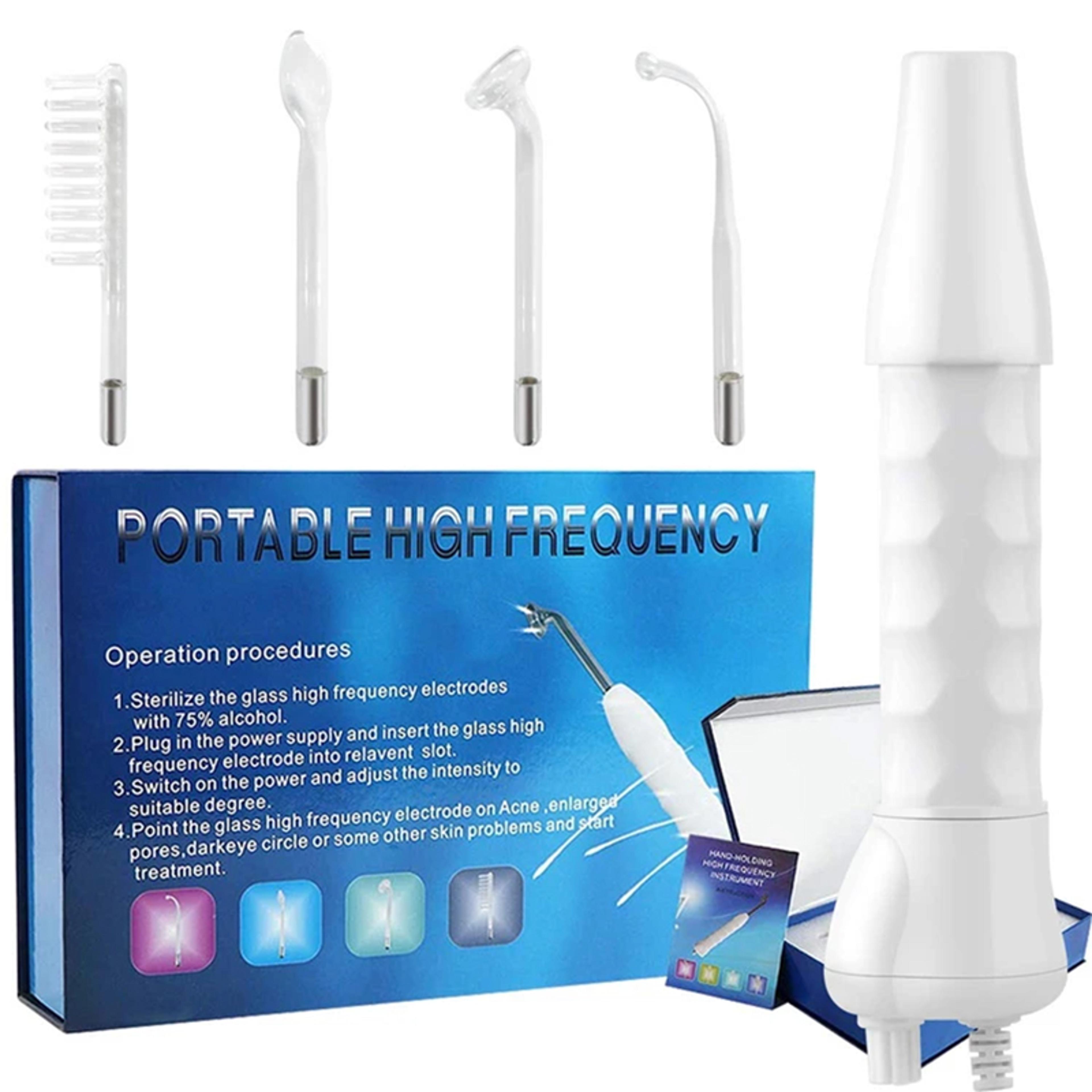 portable handheld high frequency skin therapy wand machine for acne treatment, skin tightening, wrinkle reducing facial.