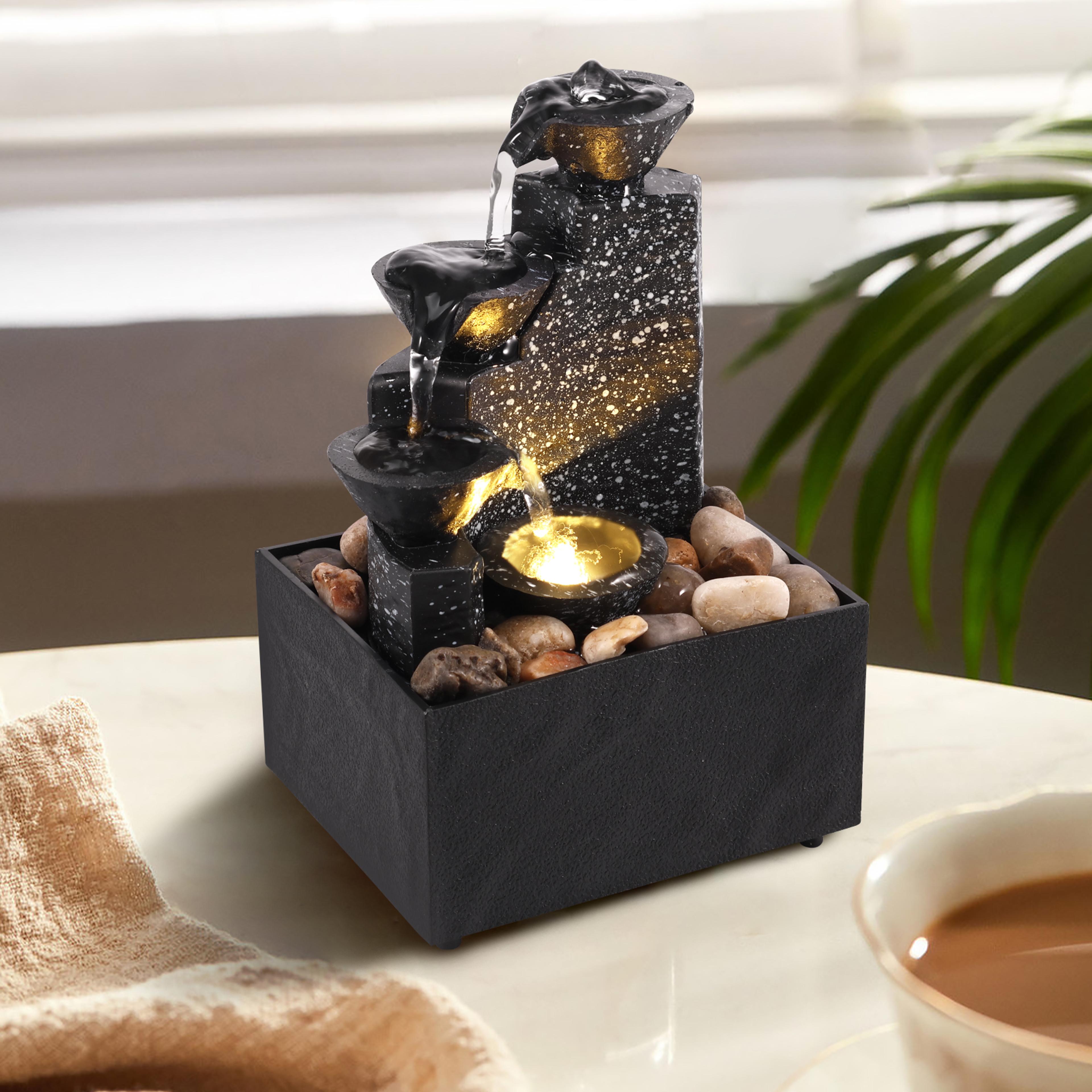 desktop fountain with soft lights, flowing water tabletop waterfall for home decor, relaxation, meditation & office zen
