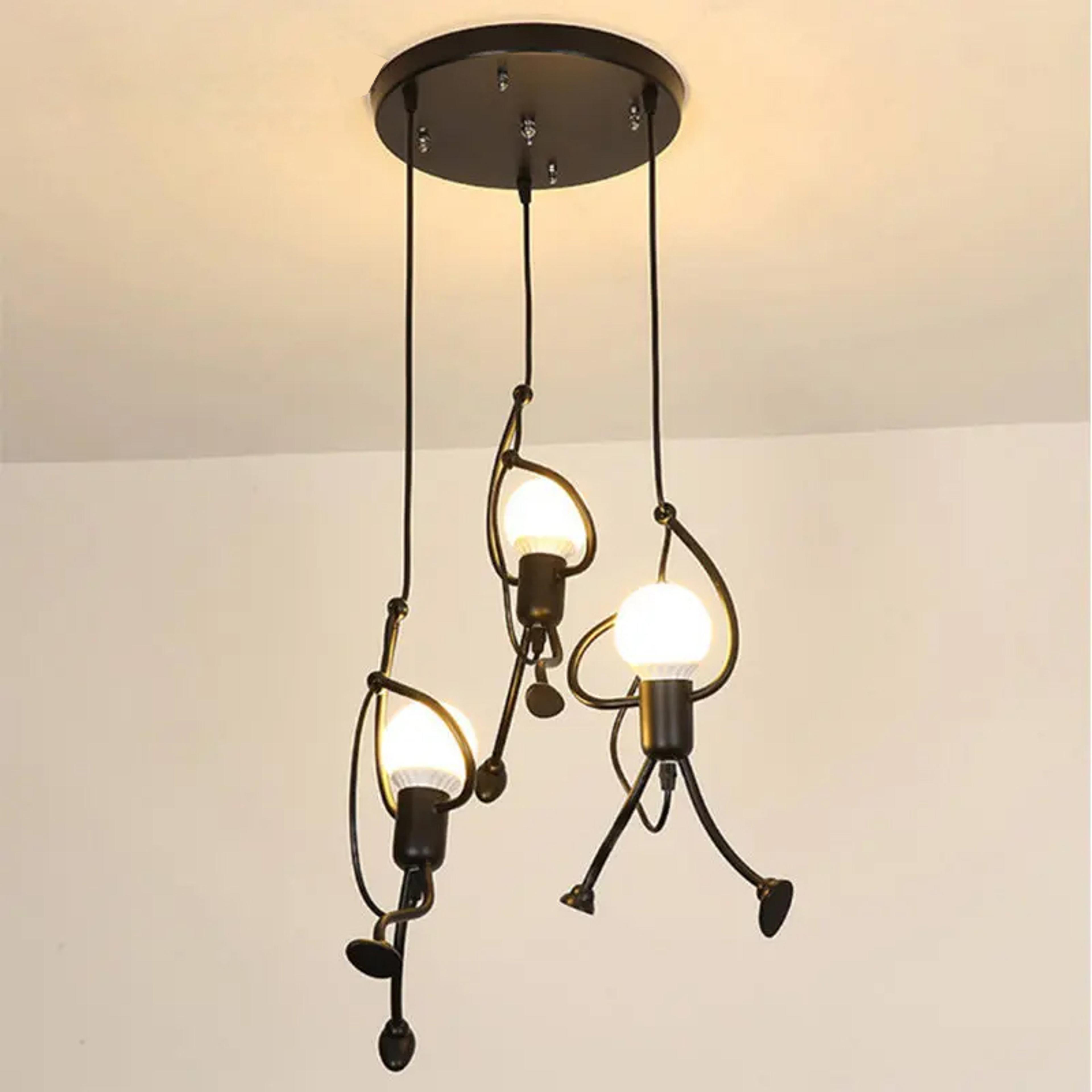 vintage iron little man led pendant light, creative climbing robot hanging lamp for childrens room, dining table, home