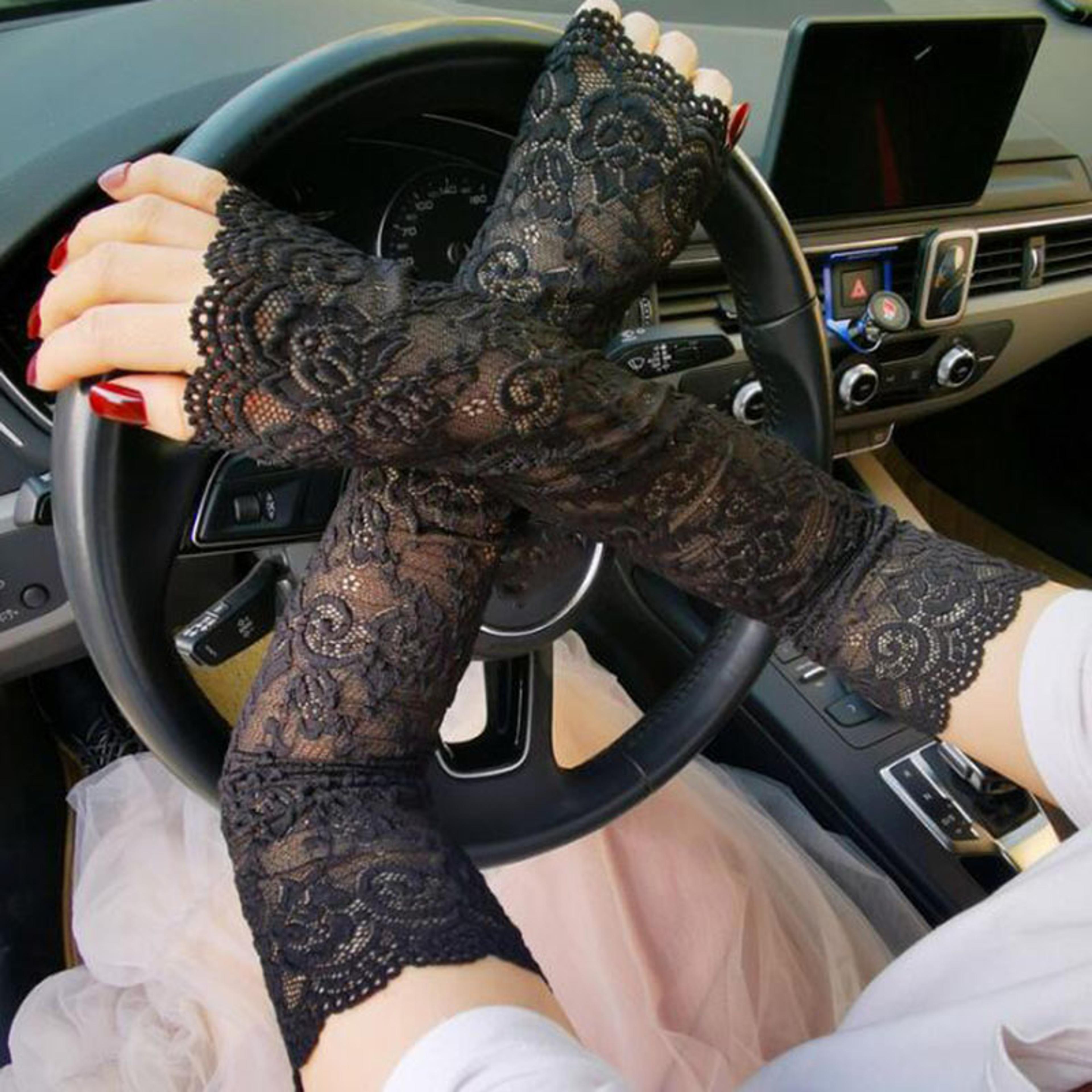 1pair sexy lace flowers sunscreen arm sleeve for women, summer driving uv protection gloves, elegant long fingerless
