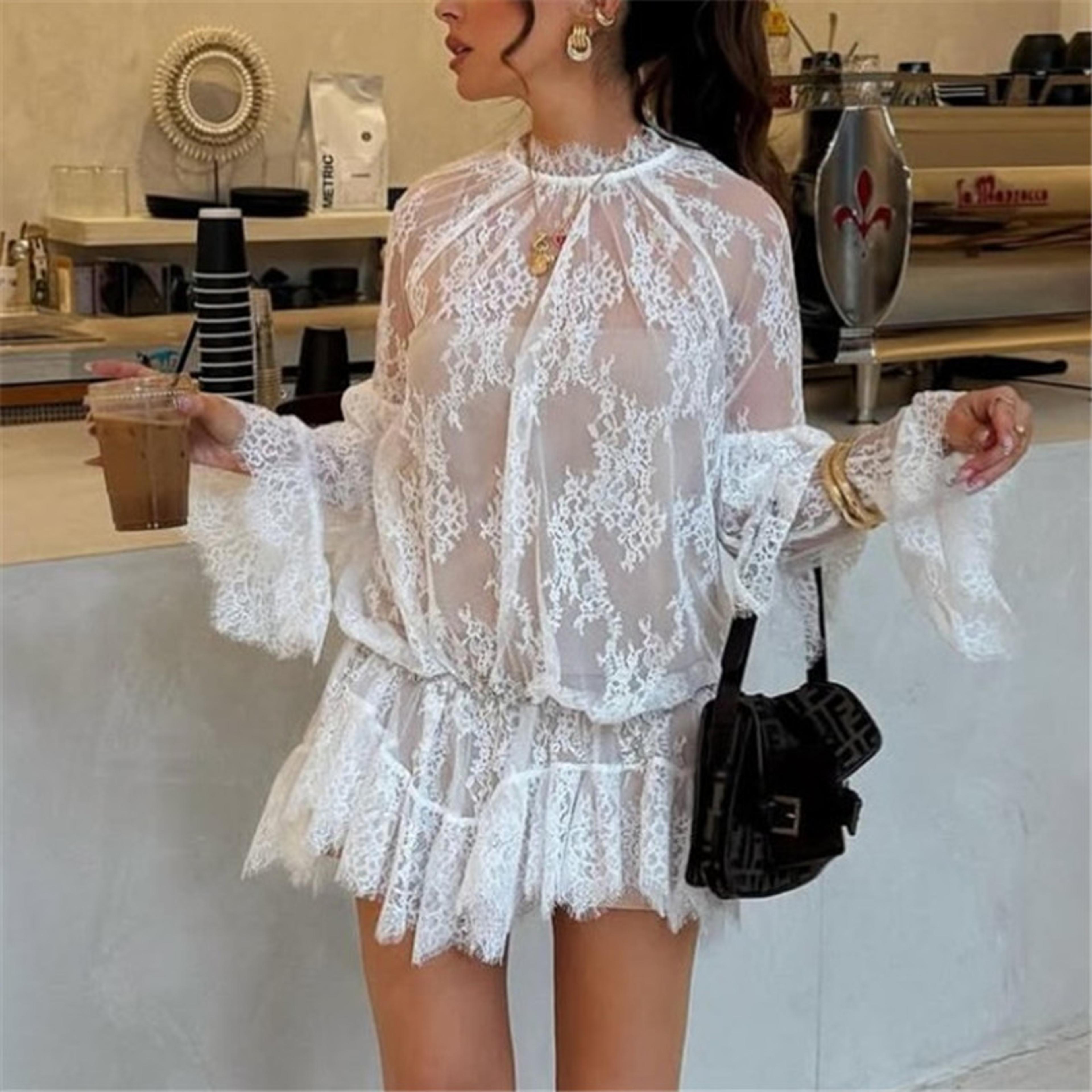 hirigin women's floral lace sheer dress, sexy see through mesh long sleeve mini dress with high neck for cocktail party