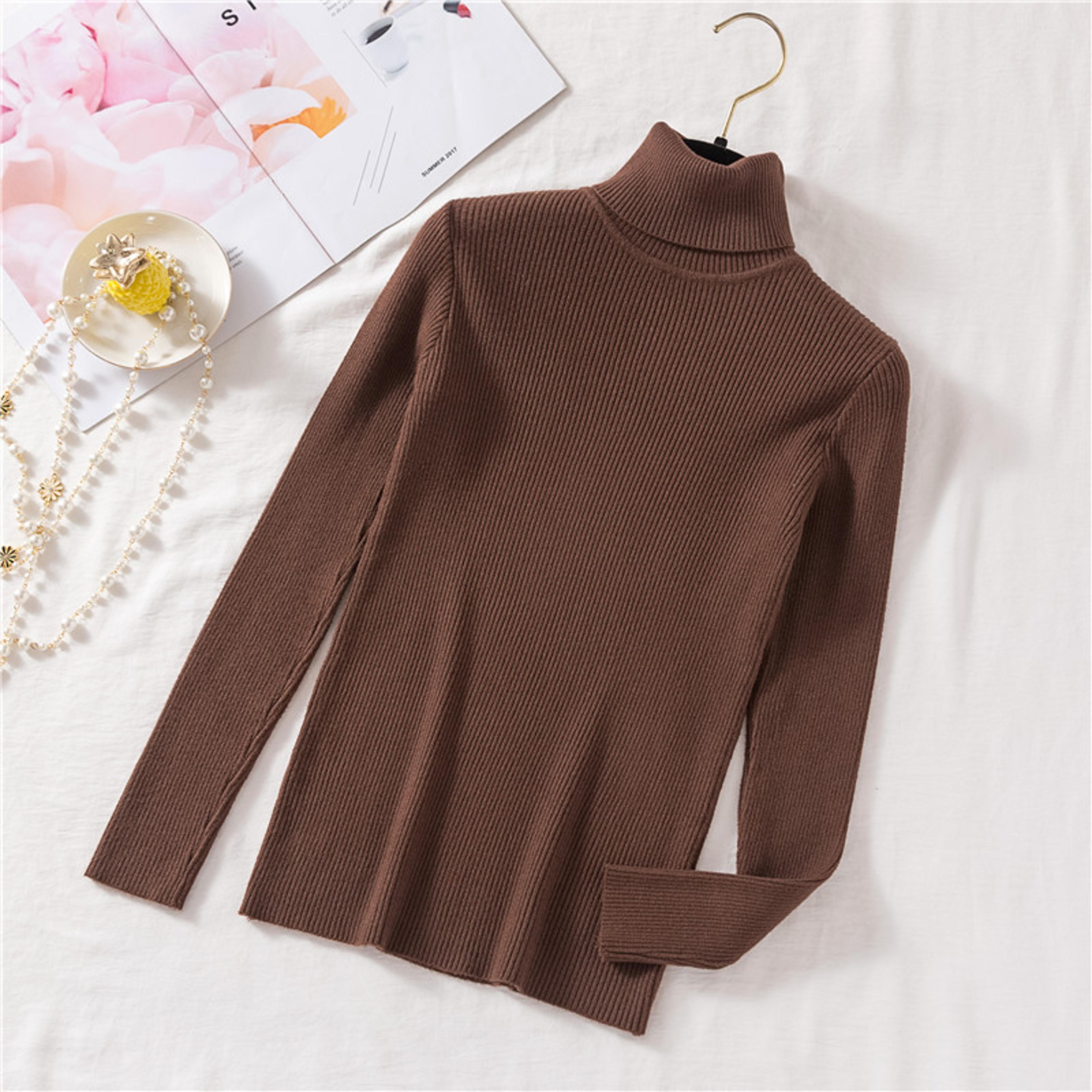 Winter Women Long Sleeve Knitted Sweater Soft Warm Fold Over Turtleneck Ribbed Pullover Jumper  Fem 16