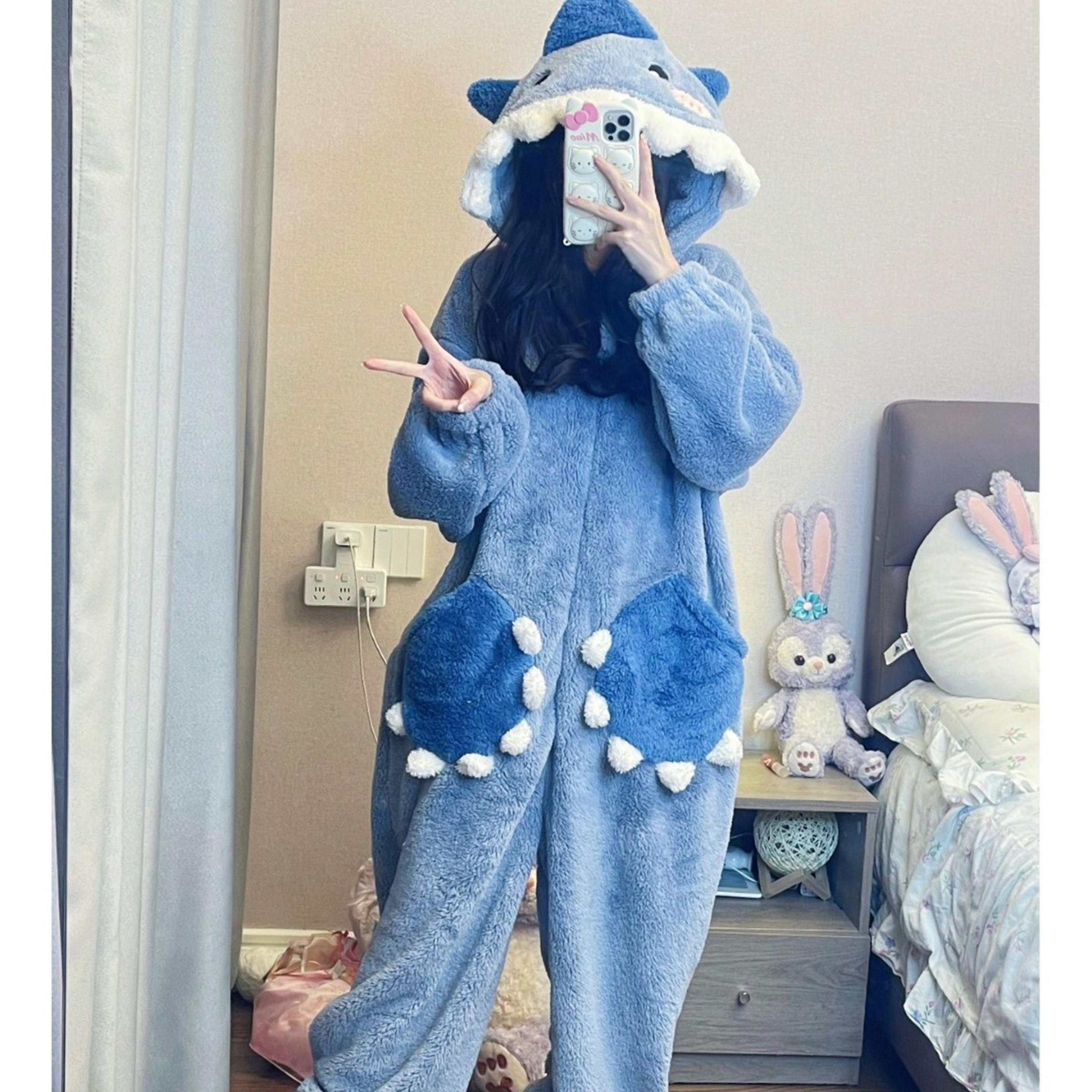 Womens Cartoon Shark Kigurumi Cute Hooded Pajama Jumpsuit Unicorn Sleepwear For Winter Cosplay And  1