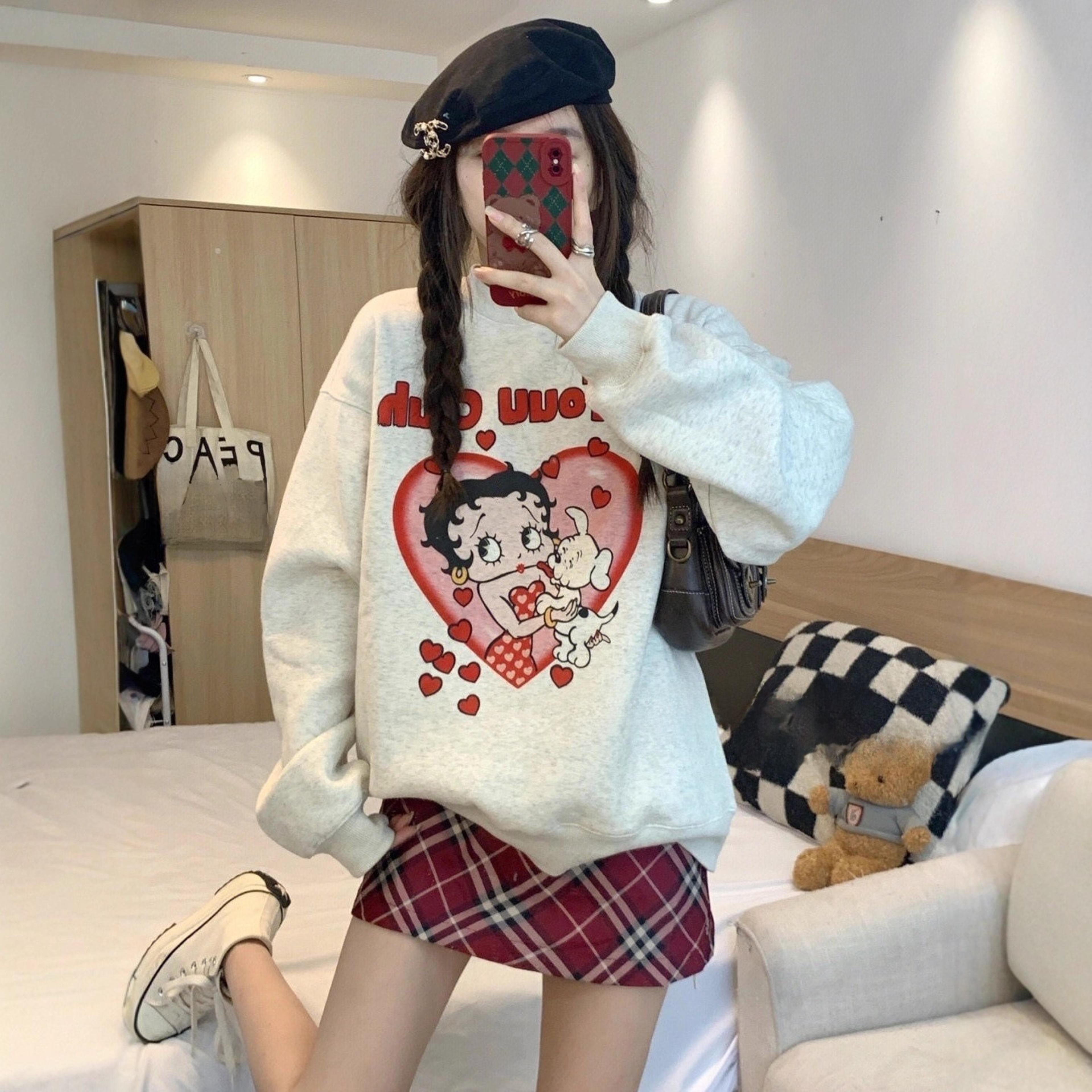 Loose Comfortable Design Womens Hoodless Sweatshirt Mid Length Lazy Style Versatile Outerwear Top A 2