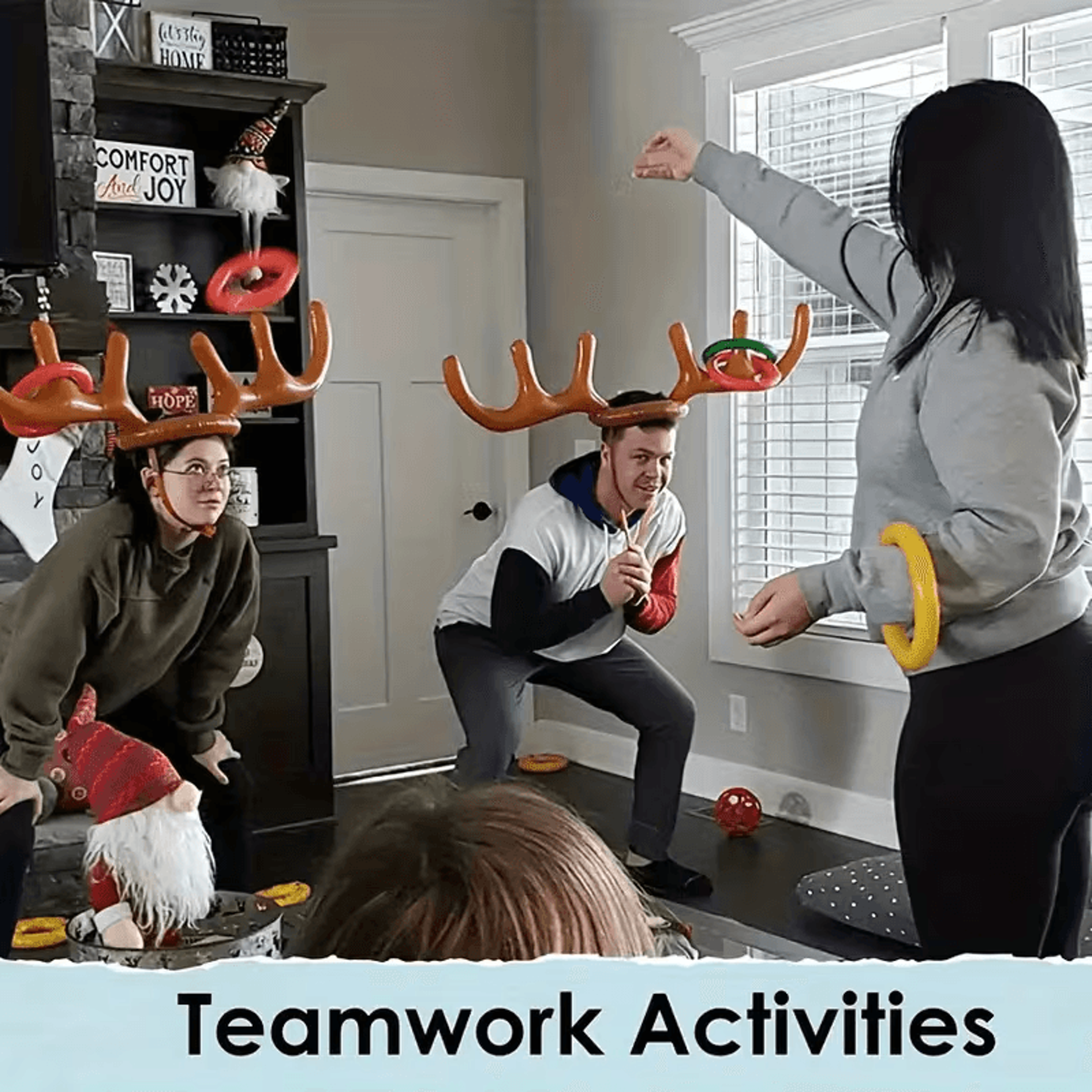children laughing during reindeer toss game