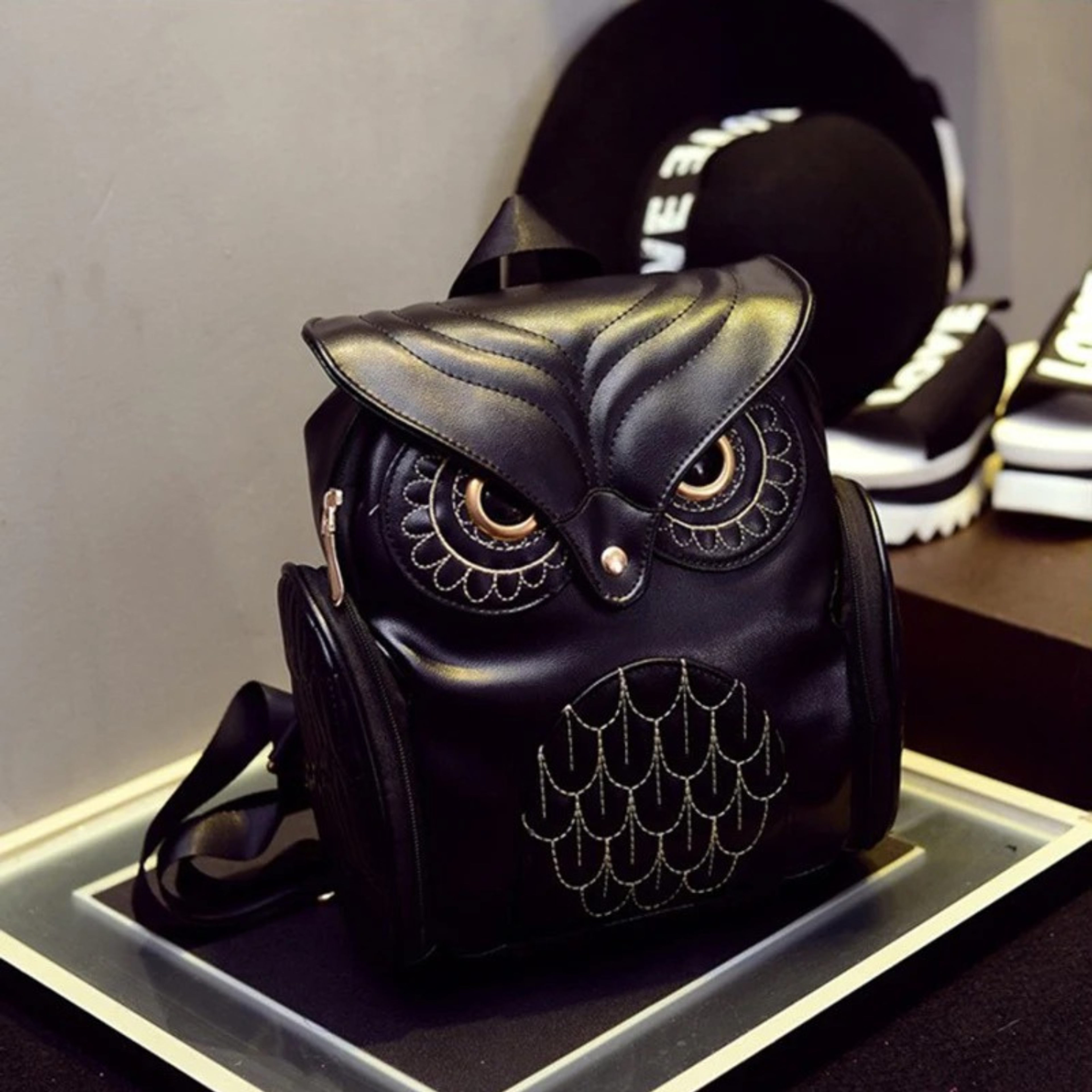 Black PU Leather Owl Backpack for Women (2).png