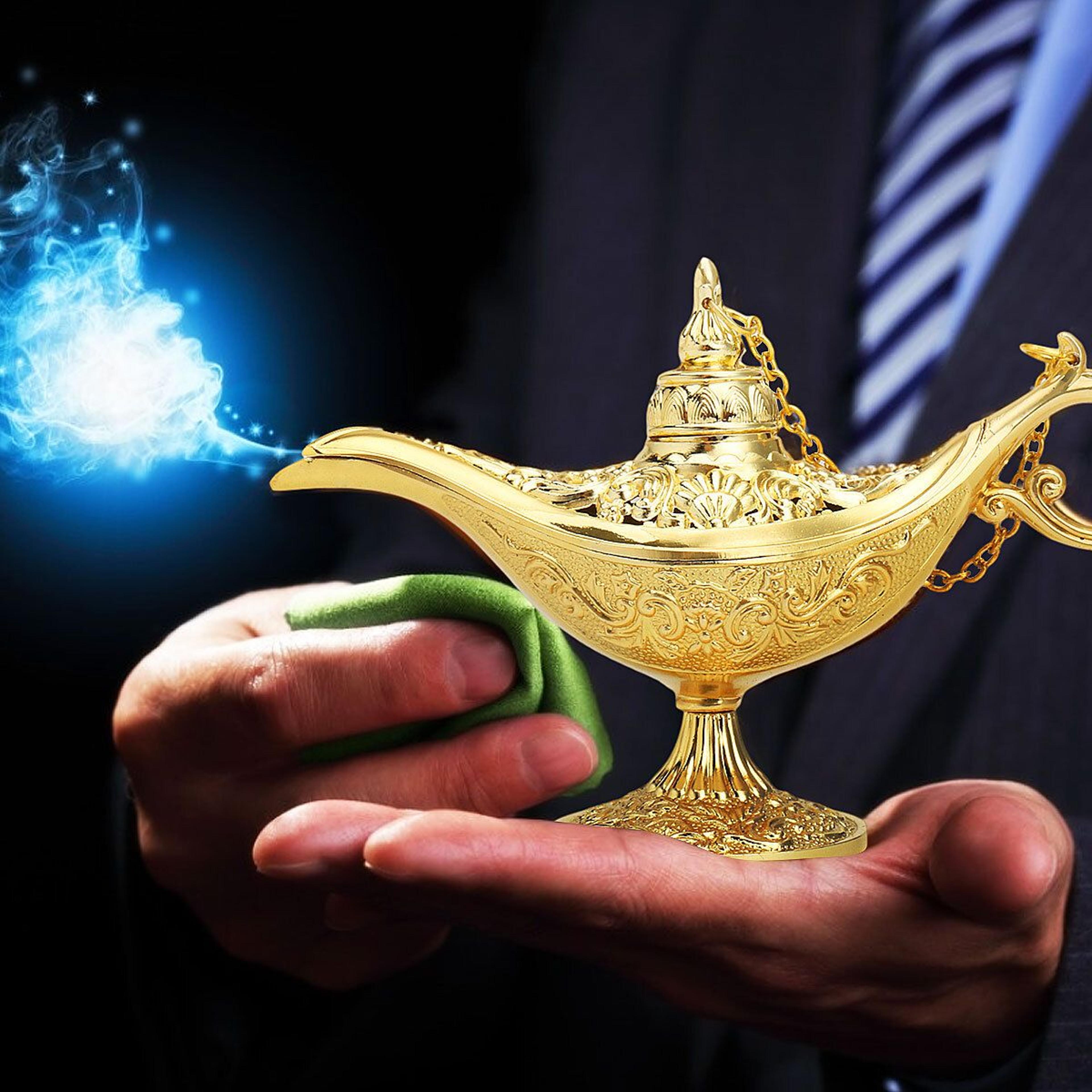 Collectable Carved Rare Genies Lamp Gold Zinc Alloy Aladdins Lamp Model for Home Decoration