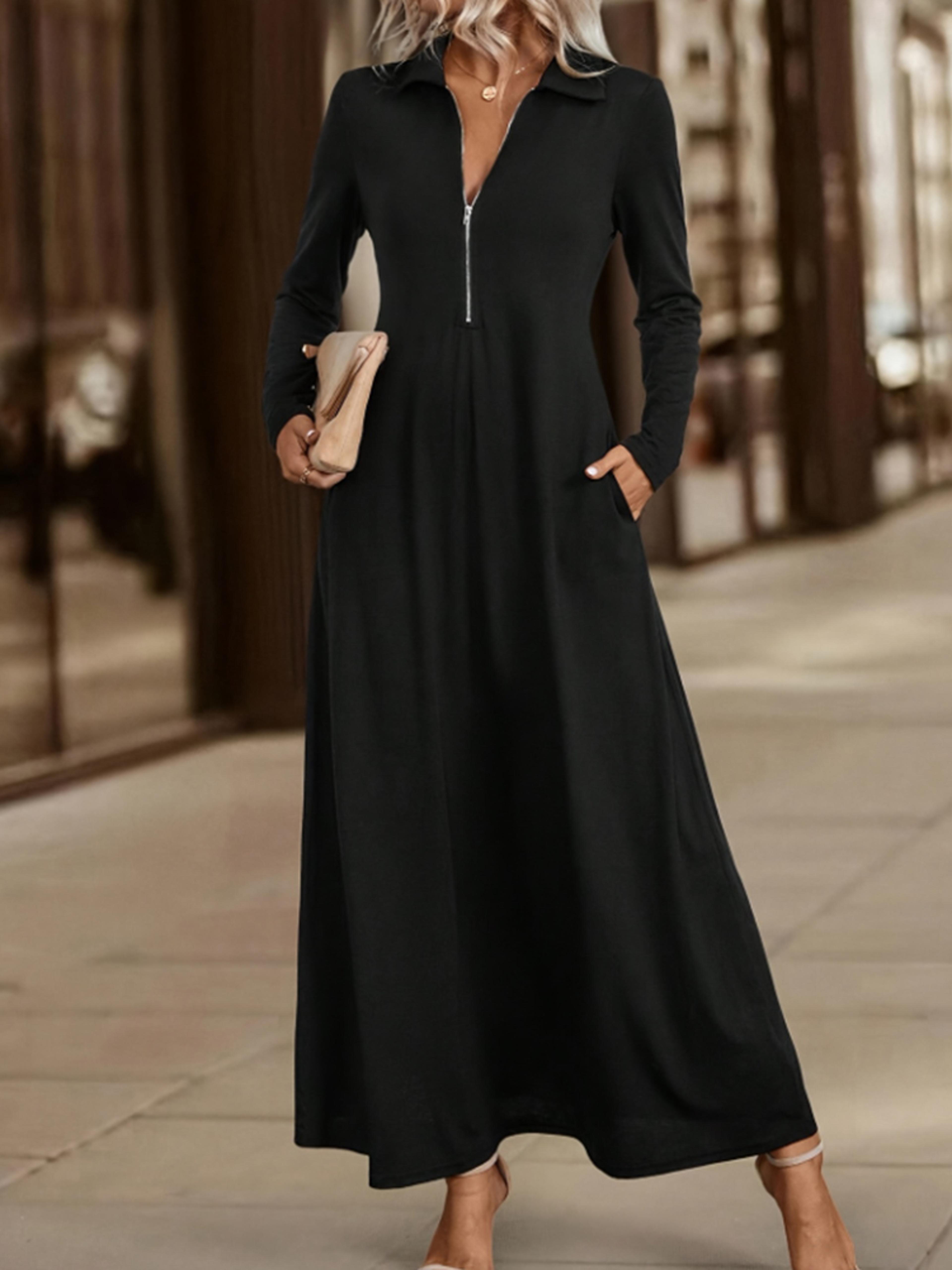 Womens Elegant Solid Maxi Dress With Pockets Simple Long Skirt Slim Long Sleeves Shirt Dress Spring 0